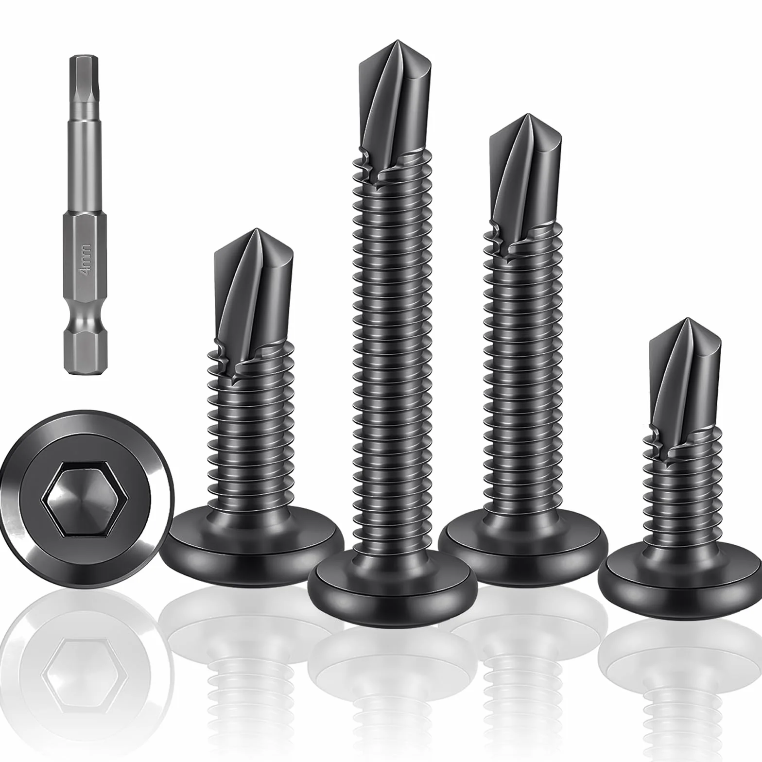 Wkręty samogwintujące 5,5 x 25 mm, stal nierdzewna, czarne, z łbem sześciokątnym, płaskie, 60 sztuk