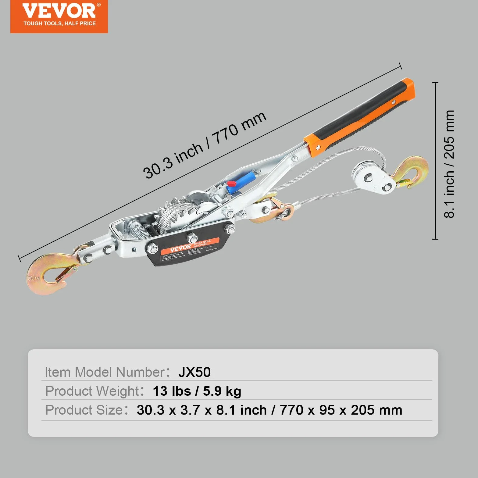 VEVOR Wciągarka Come Along 5 ton, stalowy kabel 3,5 m, 3 haczyki, z podwójnymi przekładniami