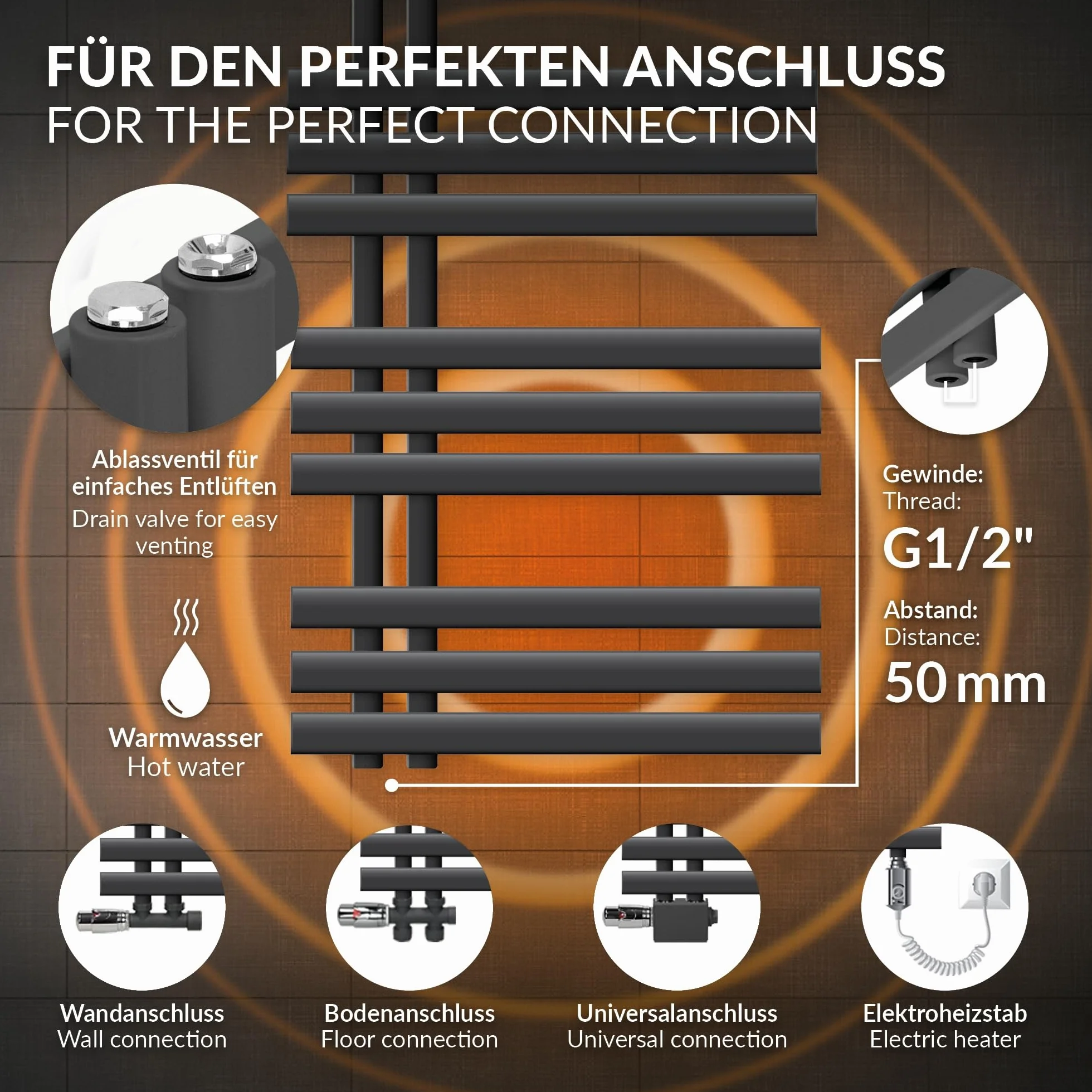 LuxeBath grzejnik lazienkowy Iron EM 500x1200 mm antracyt centralne podlaczenie z zestawem przylaczeniowym i termostatem