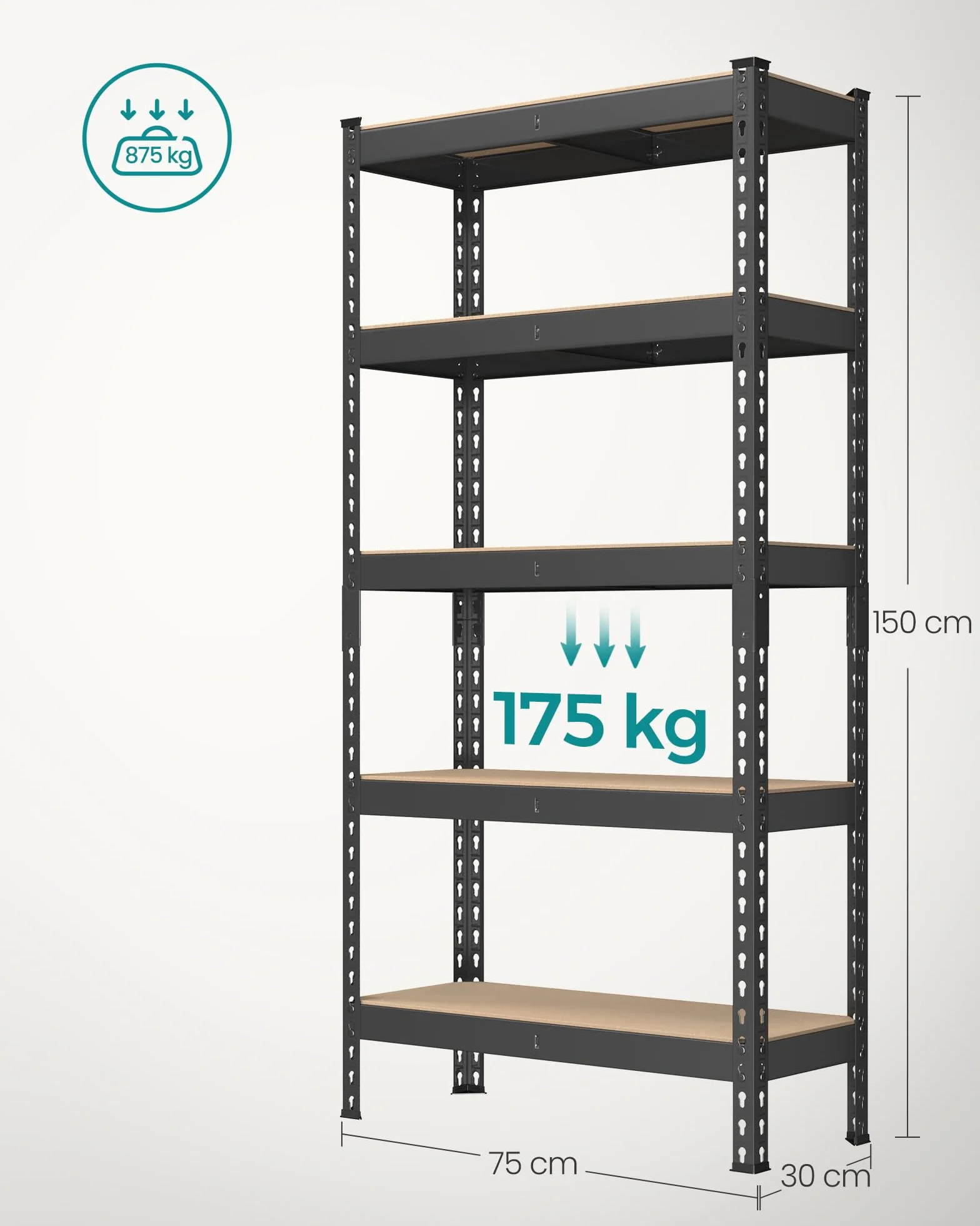 SONGMICS Półka do dużych obciążeń, półka do przechowywania, półka kuchenna, 5 poziomów, 30 x 75 x 150 cm, nośność 875 kg, do piwnicy, garażu, biura, czarny GLR300B01