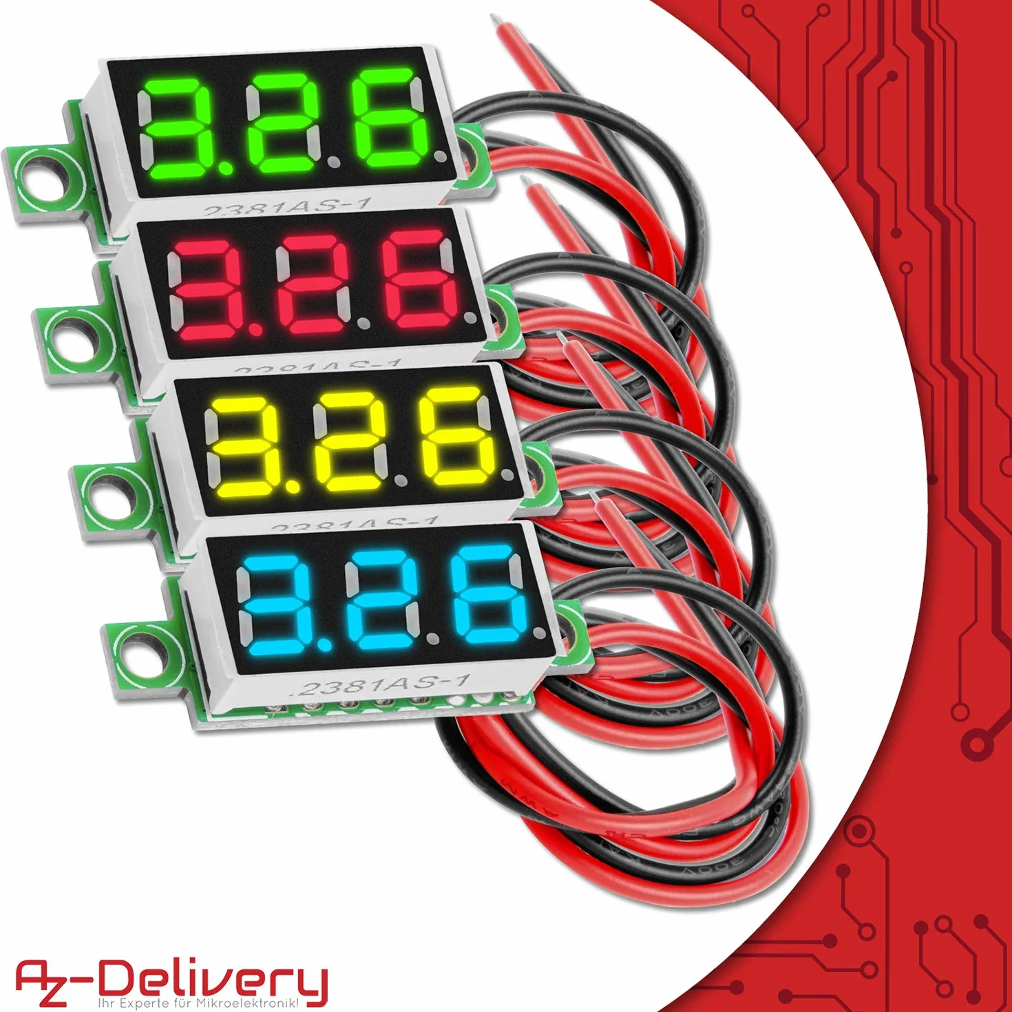 AZDelivery 3 x 0,28 cala Mini woltomierz cyfrowy z 7-segmentowym wyświetlaczem LED 2,5 V - 30 V, wyświetlacz napięcia, moduł pomiaru napięcia, 4 kolorowy wyświetlacz kompatybilny z Arduino i E-book w zestawie!