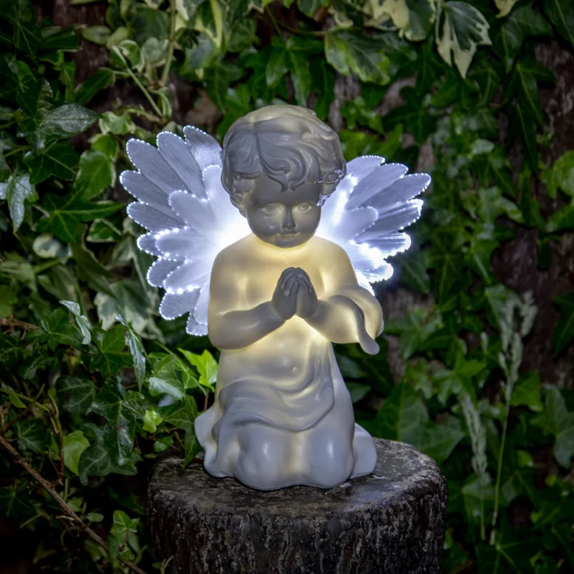 GardenKraft 12680 Zasilane energią słoneczną LED Angel Light Cherub ze skrzydłami światłowodowymi ciepłe białe diody LED