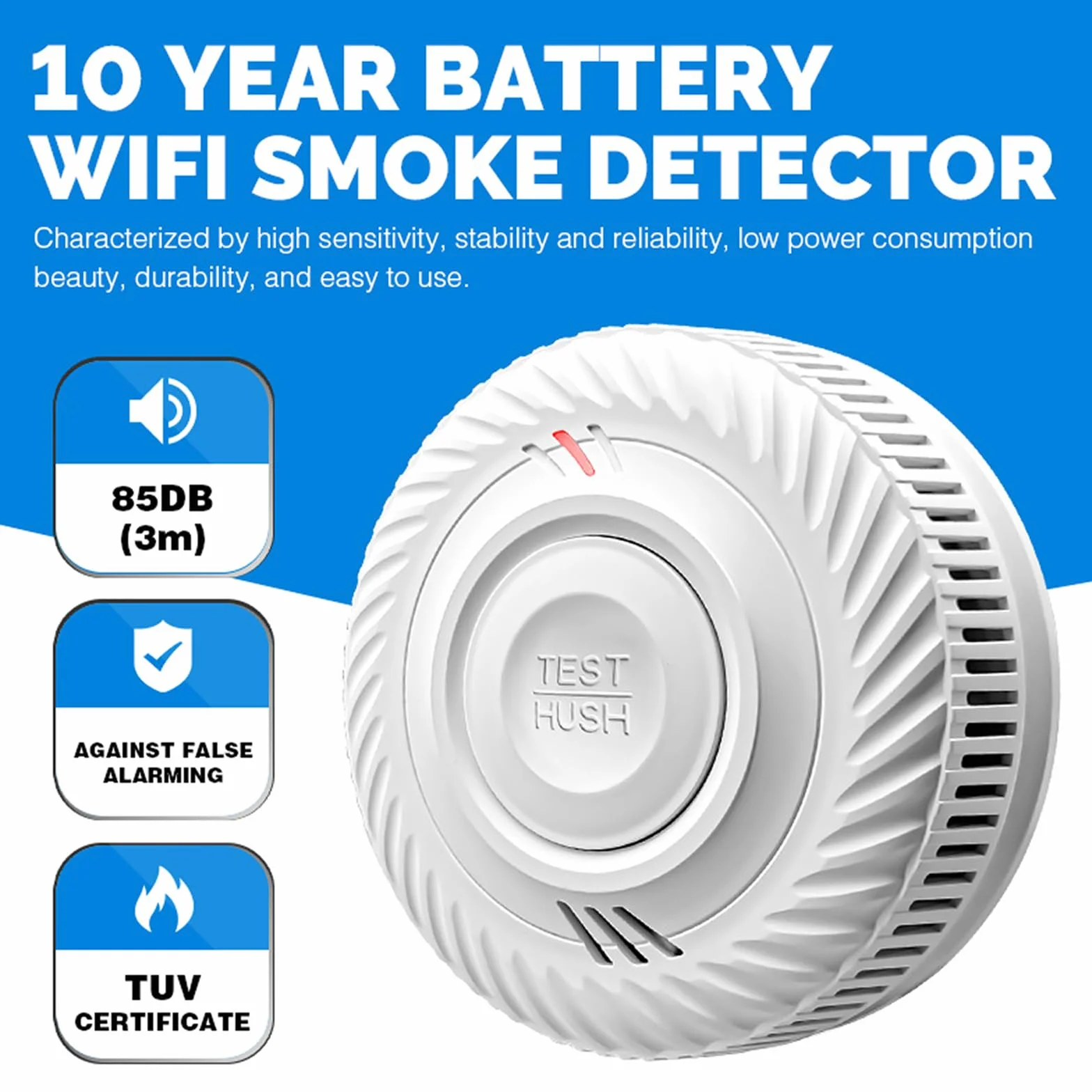 Inteligentna czujka dymu, Wi-Fi czujka dymu z czujnikiem fotoelektrycznym, czujnik pożaru zgodny z EN14604, kompatybilny z aplikacją Tuya/Smart Life, 10 lat baterii 4 szt