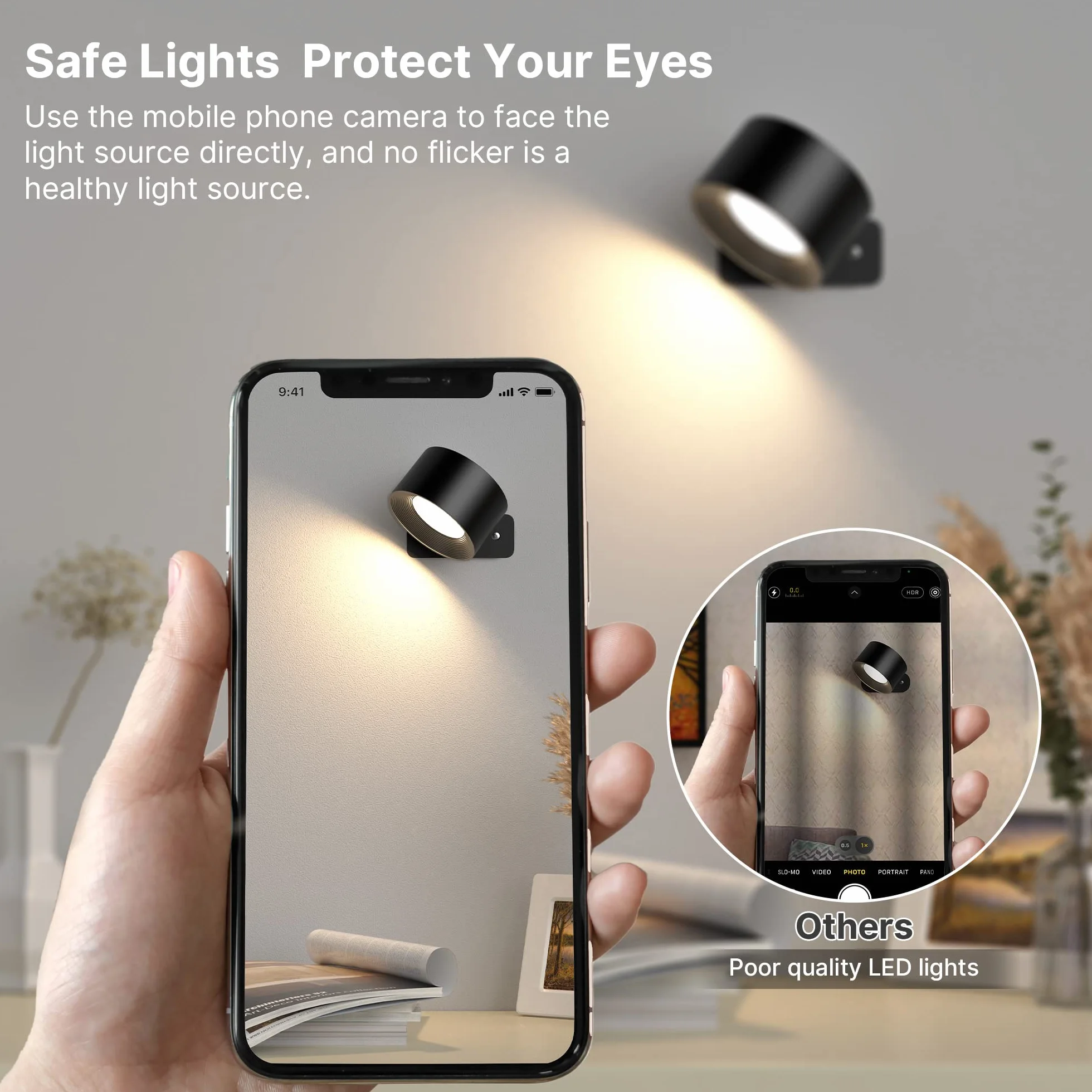 Lampa ścienna LED 2 szt. ładowalna 3 poziomy jasności 3 tryby kolorów obracana 360° sterowanie dotykowe bezprzewodowa czarna