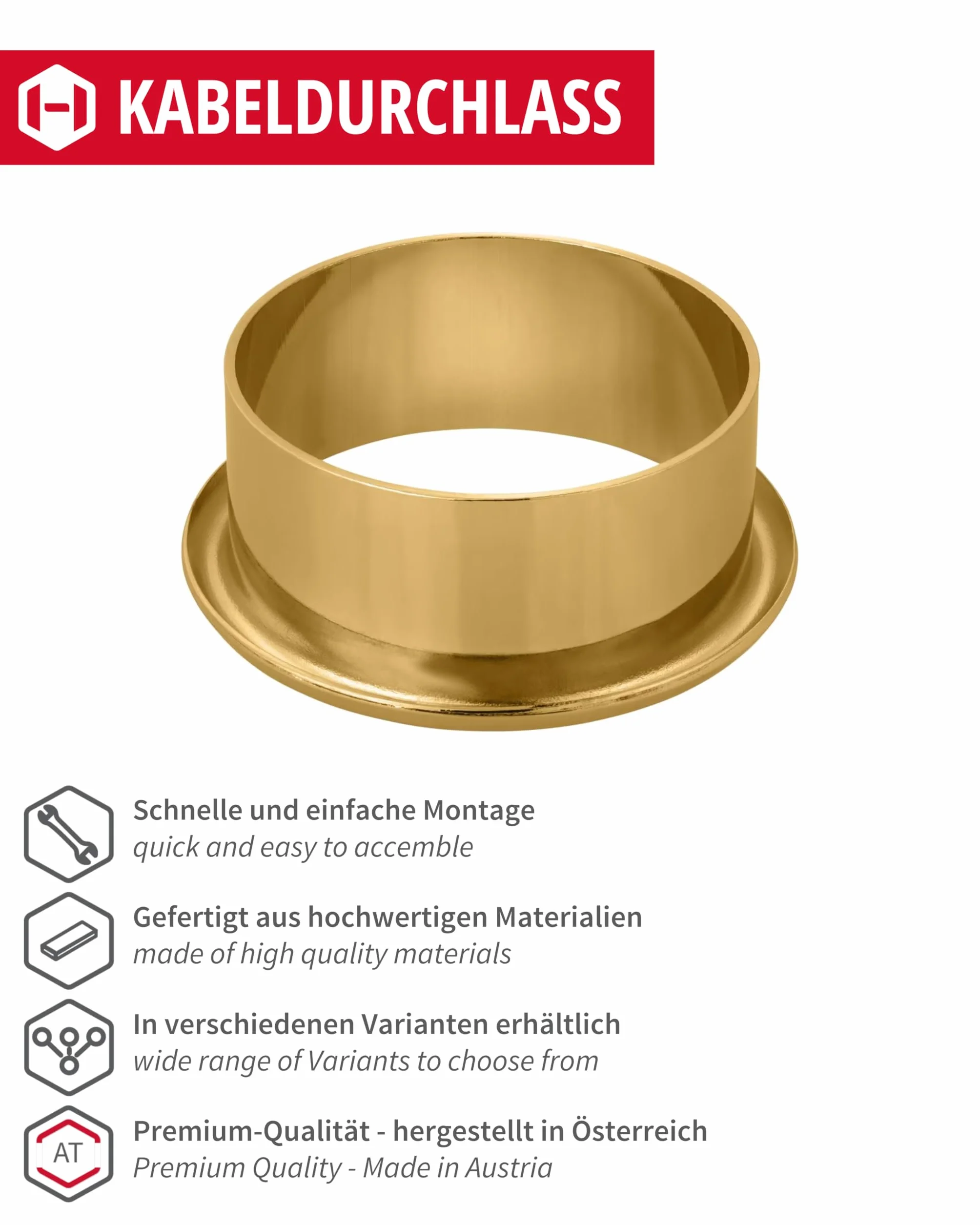 Gedotec Przepust kablowy na biurko mosiądz złoty błyszczący Ø 35 mm 1 sztuka