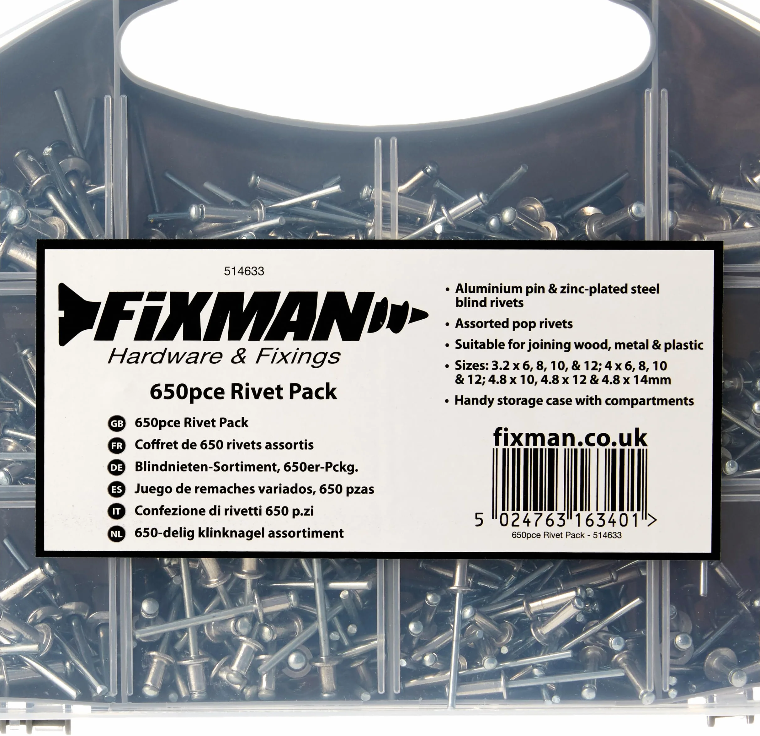 Fixman 514633 Zestaw Nitów Różne Rozmiary 650-Częściowy