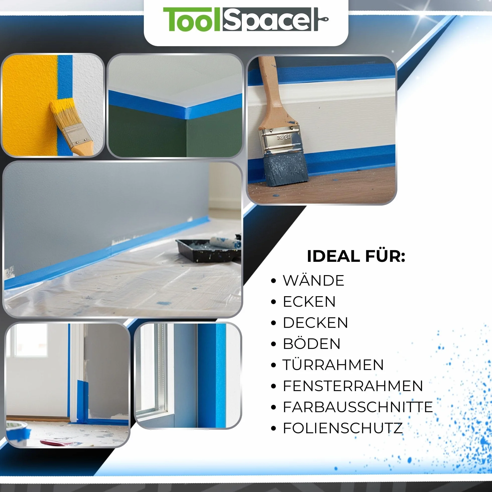 ToolSpace Taśma Papierowa Niebieska Ochronna do Malowania Ścian i Sufitów Prac Remontowych Klej Bez Rozpuszczalników Nie Podcieka 48mm/50 m Zestaw 3 Sztuk 150 m