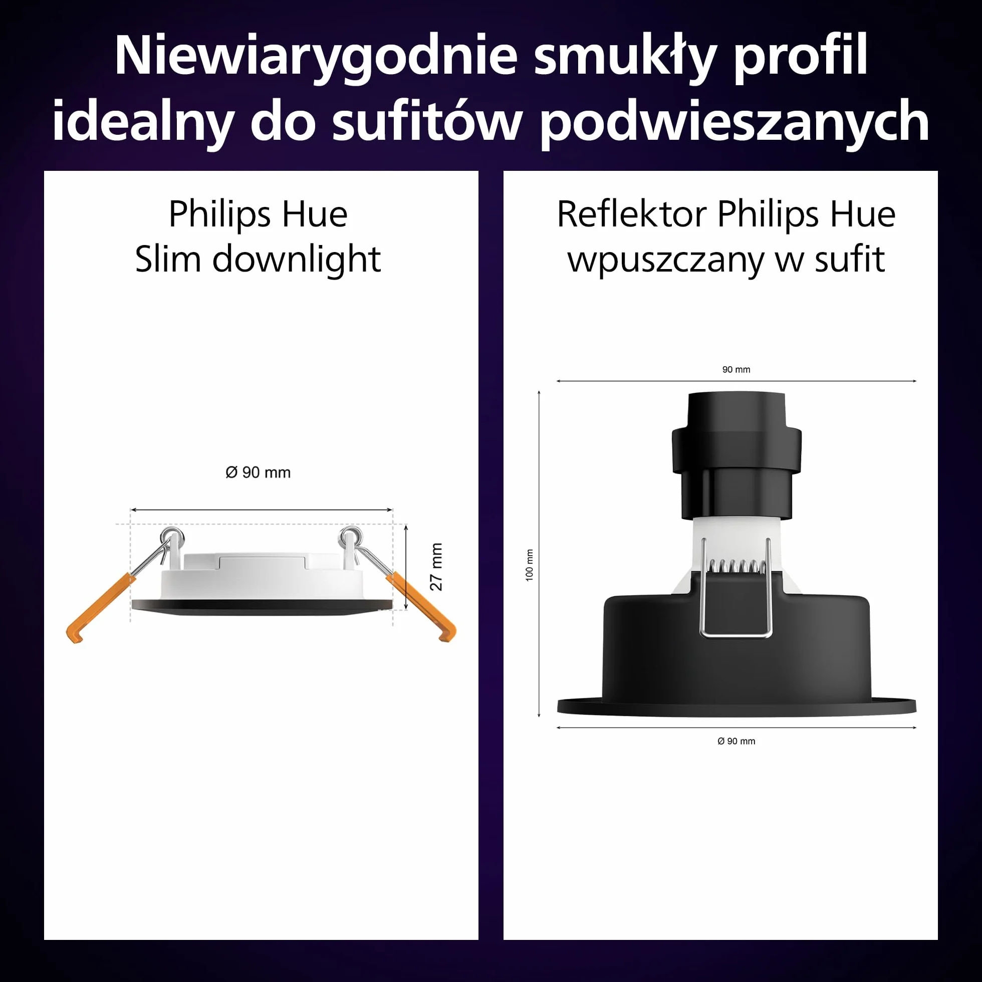 Philips Hue Smart Slim Oświetlenie do Wbudowania 90 mm Białe i Kolorowe Bluetooth Czarny