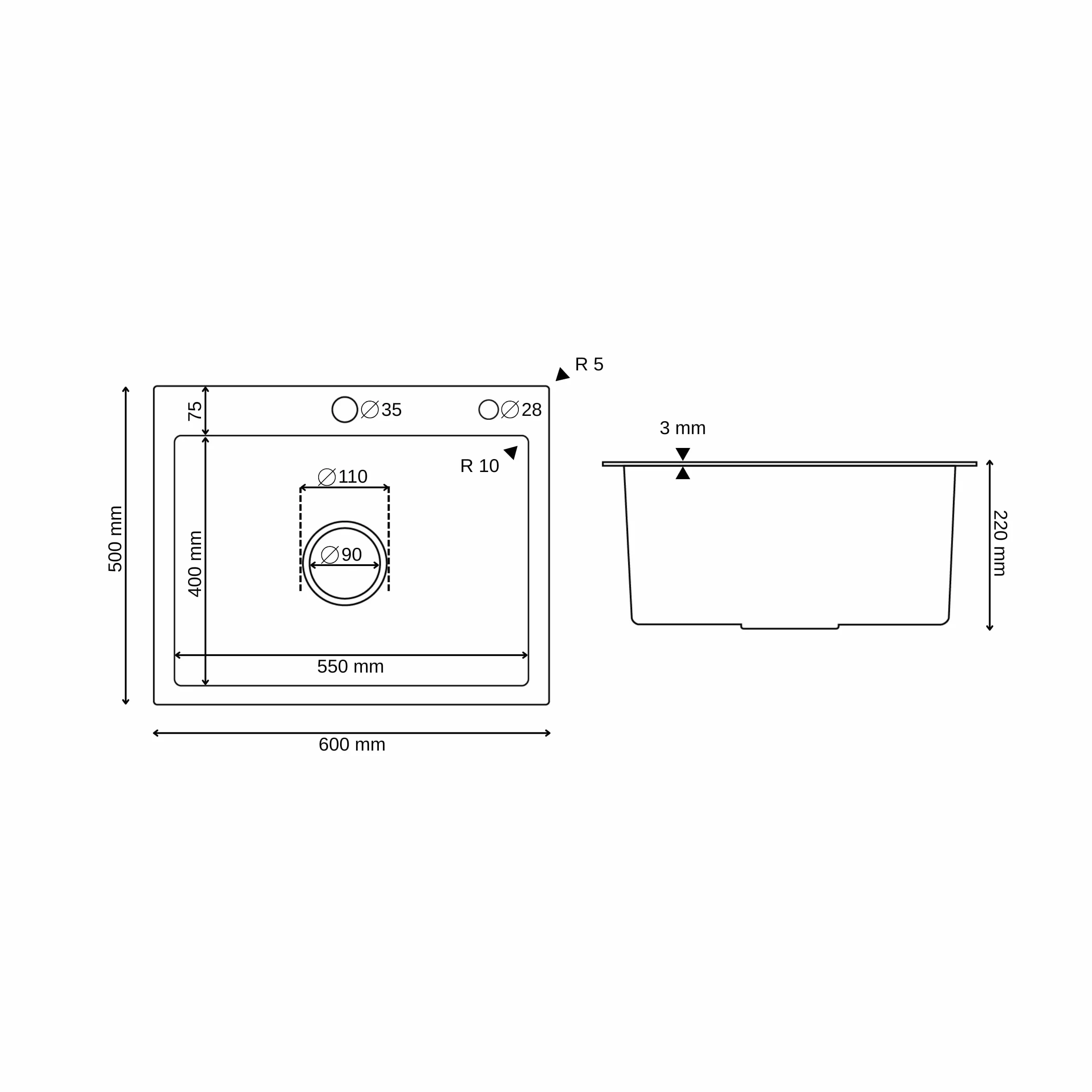 ANW HOME Zlewozmywak kuchenny 60x50 cm stal nierdzewna 304 2 otwory na kran z syfonem ociekaczem dozownikiem mydła 350 ml