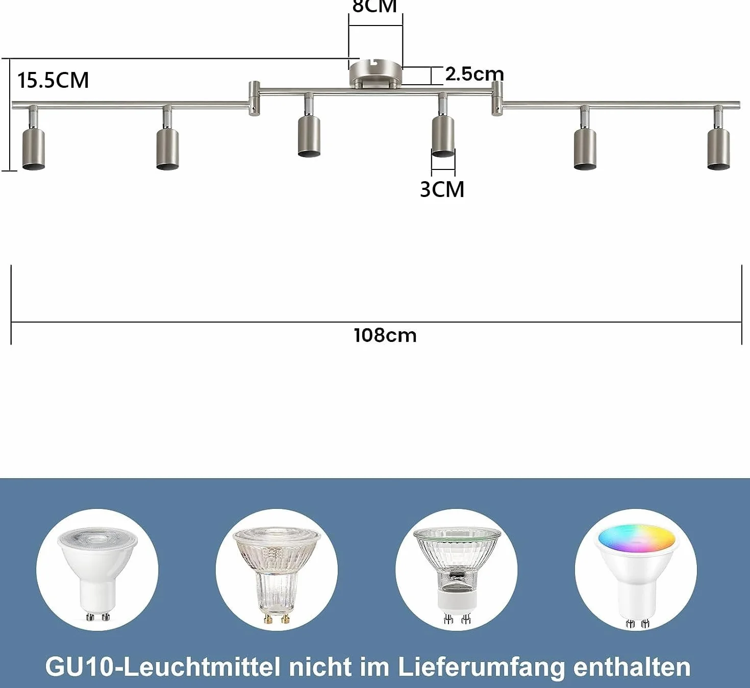 Glitzerlife Reflektor sufitowy LED 6-płomieniowy salon - lampa sufitowa GU10 reflektor sufitowy obrotowy 330° lampa reflektorowa ze stali nierdzewnej sufit sypialnia wnętrze bez źródła światła