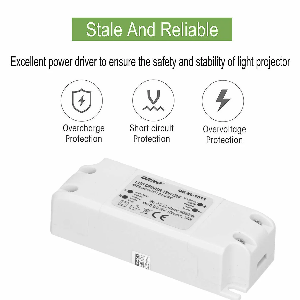 Orno Transformator 12 V (90 VAC-254VAC do 12 VDC) do żarówek LED G4 MR11 MR16 GU5.3 LED (6W-50W), IP20 (12W)
