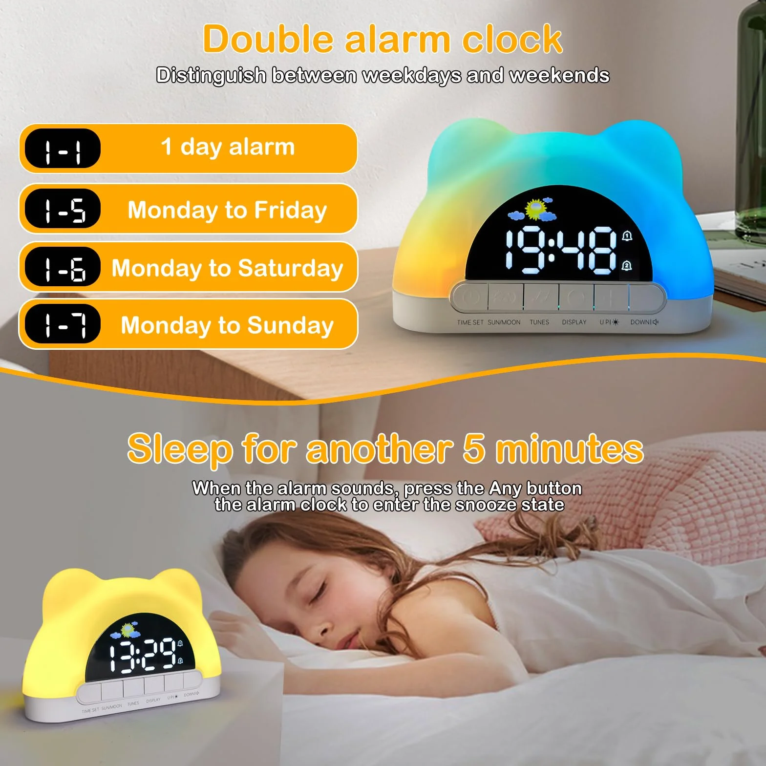 Budzik dla nastolatków z 2 alarmami, tryb drzemki, 12/24 godziny, port USB