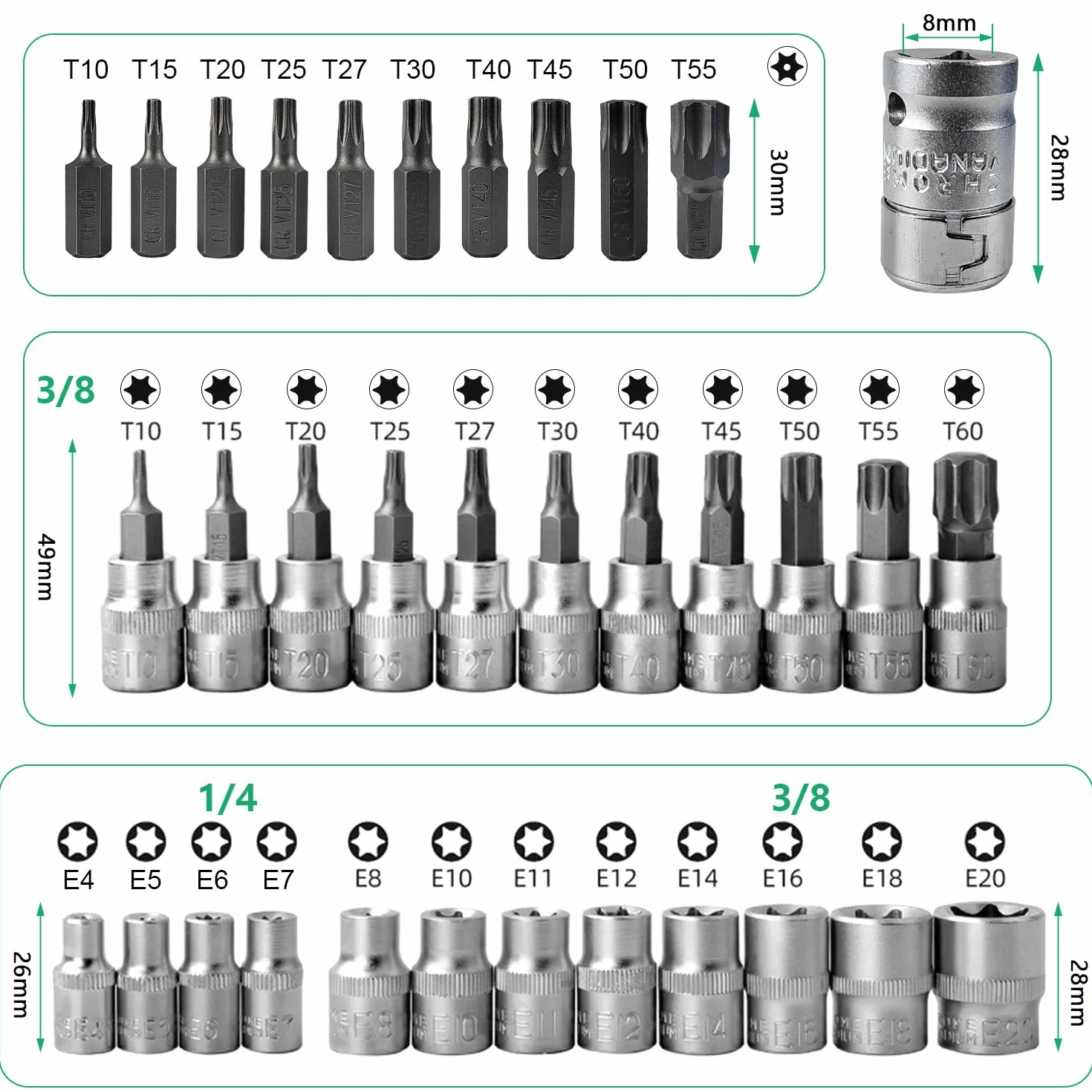 Zestaw 34 kluczy nasadowych Torx, nasadek Torx, do naprawy samochodu, roweru, niebieski