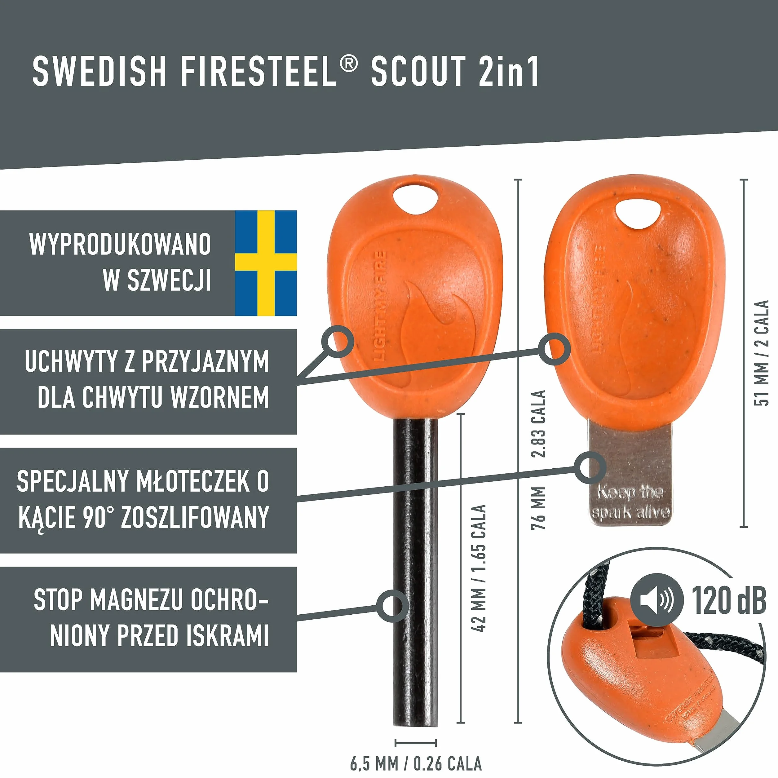 Light My Fire Krzesiwo Magnezowe do Rozpalania Ognia SCOUT, Zestaw Survivalowy Stal Fire Steel – Zestaw do Rozpalania Ognia z Krzemienia i Stali Magnezowej 2w1 – Krzesiwo Wojskowe 3000 Rozpaleń