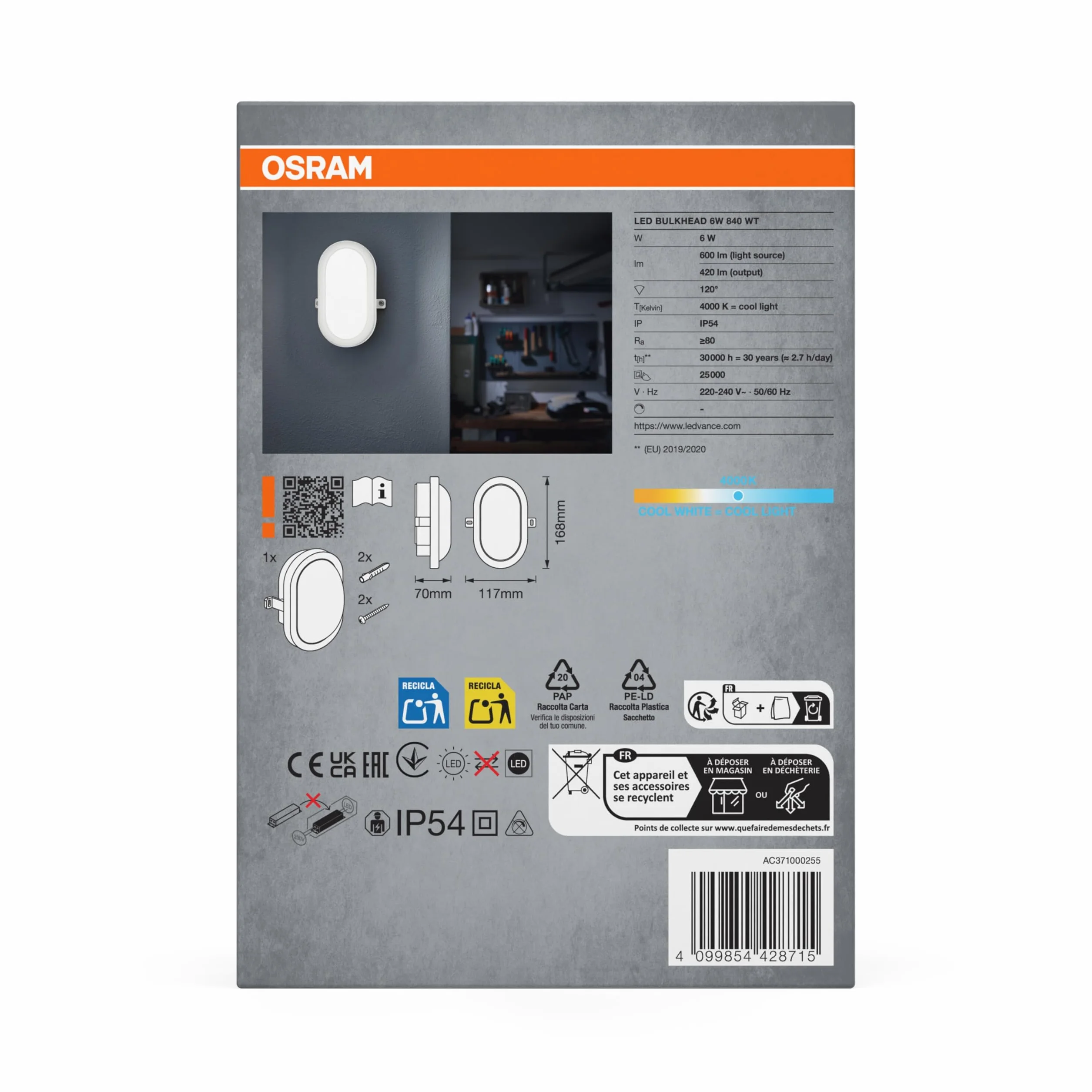 OSRAM Kinkiet 6W Bulkhead 4000K 420 lm IP54 IK06 odporny na wstrząsy poliwęglan 120°