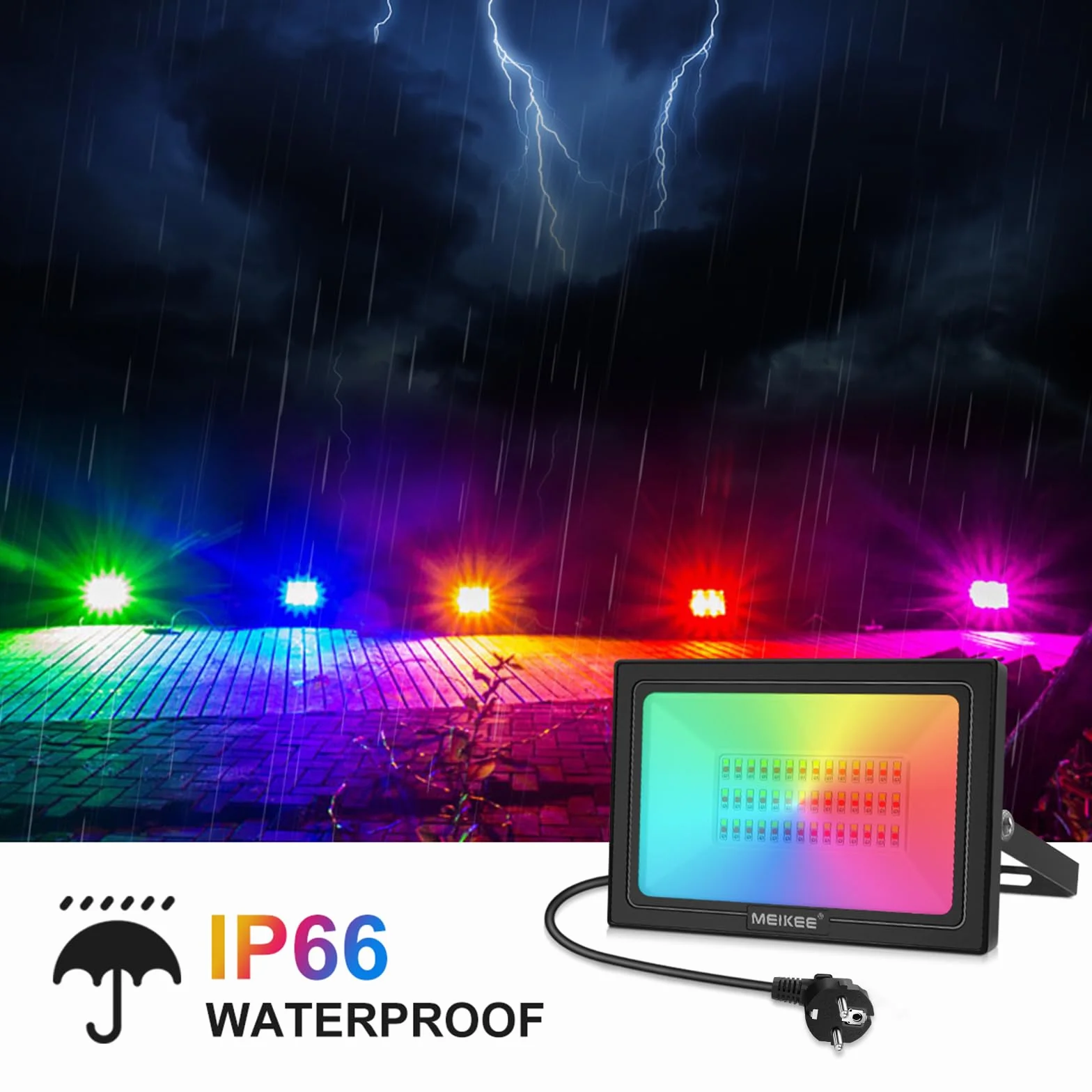 MEIKEE Zewnętrzny projektor LED RGB 60 W, 10 kolorów 12 trybów z pilotem, IP66