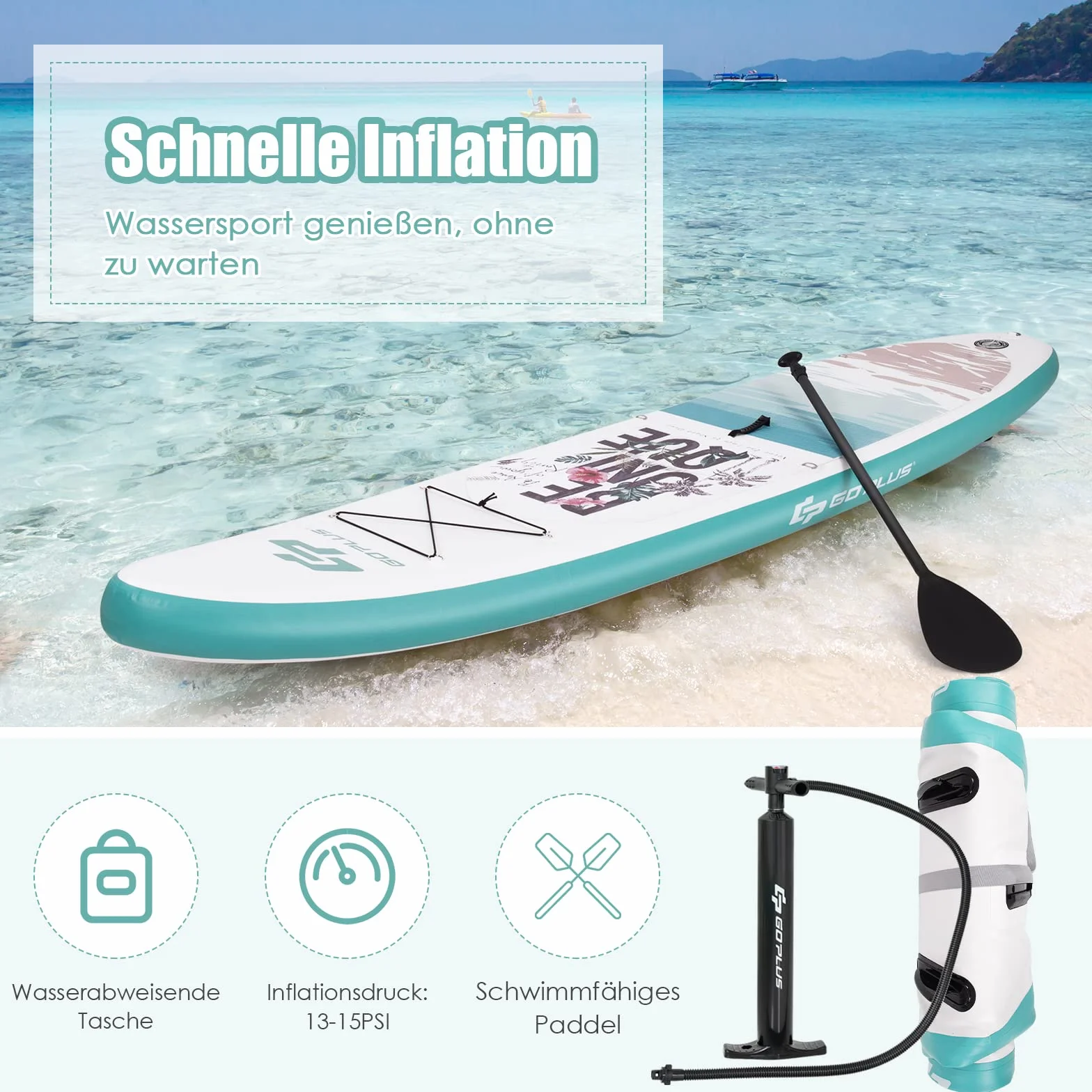 COSTWAY Deska do paddleboardingu, w zestawie plecak, pompka, regulowane wiosło, linka bezpieczeństwa, lina bungee i zestaw naprawczy, nadmuchiwana deska SUP 150 kg