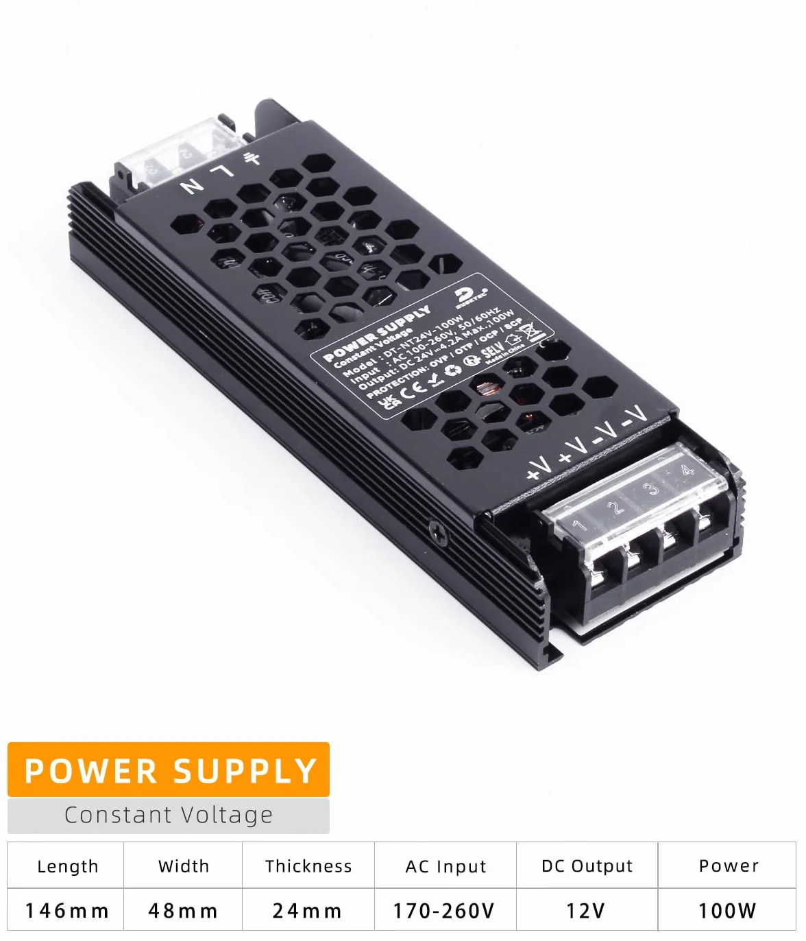 DUSKTEC Transformator LED 100 W, 24 V, sterownik 4,17 A, zasilacz LED Slim Metal z 2 wyjściami
