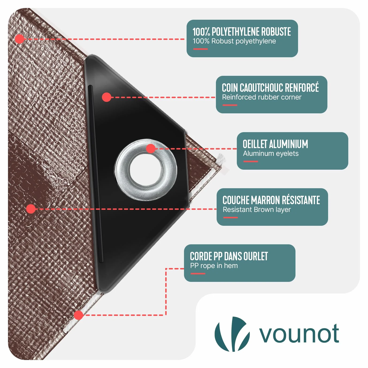 VOUNOT Wodoodporna plandeka zewnętrzna 2x3 m, wzmocniona markiza PE 240 g/m², ochrona przed UV, oczka ze stali nierdzewnej