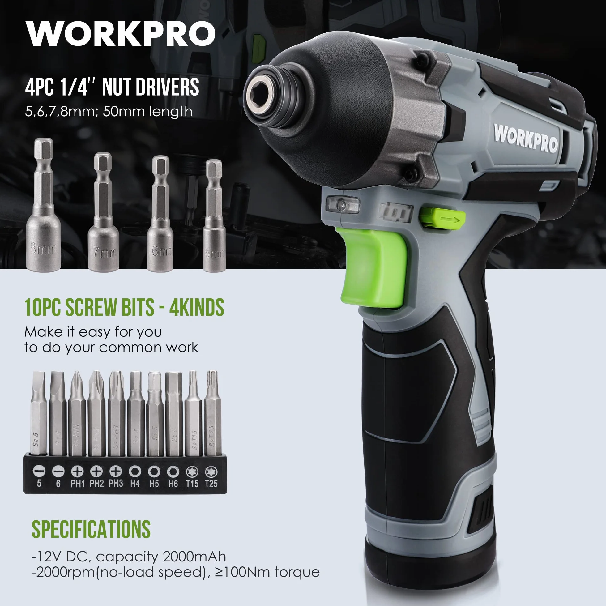 WORKPRO Akumulatorowa wkrętarka udarowa 12V 2,0Ah 1/4" sześciokątna z 14 akcesoriami i torbą
