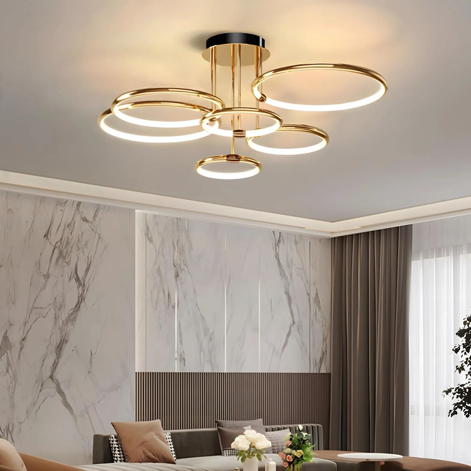LED Lampa Sufitowa Żyrandol Metalowego Koła Złoty Ø105cm 145W Płynną Regulacją Ściemniania 3000-6000K Nowoczesny Okrągły Wisiorek Galwaniczny