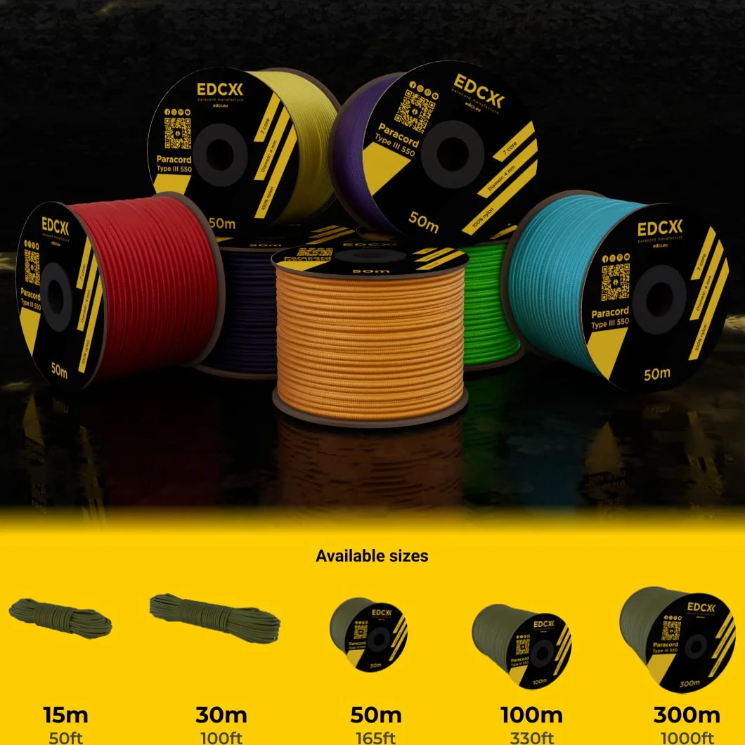 Paracord 4mm 100% Nylonowa Lina 550 Typ III 35 kolorów 10m 15m 30m 50m 100m 300m