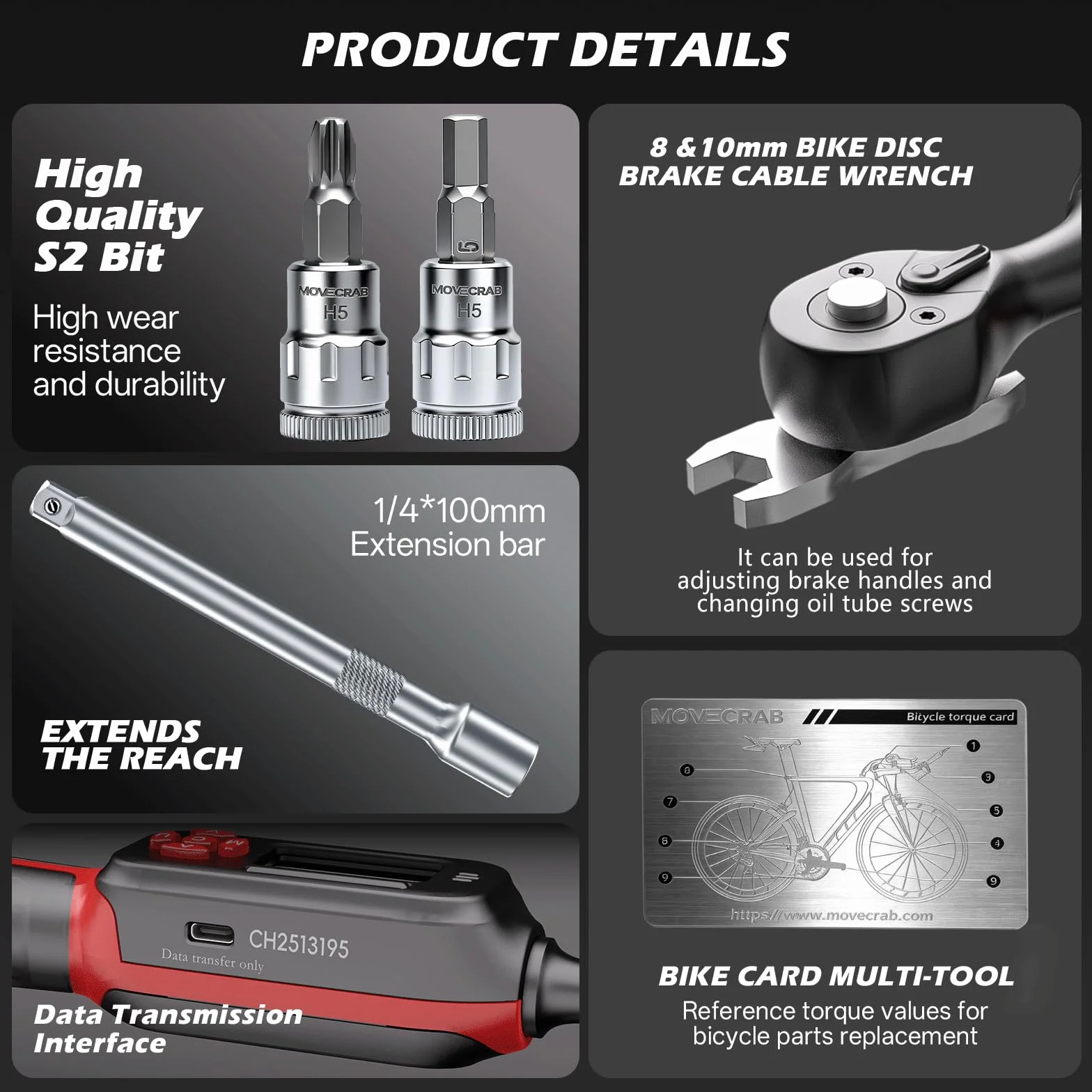Cyfrowy klucz dynamometryczny 1/4" 1,5–30 Nm do rowerów MTB i szosowych 15 sztuk
