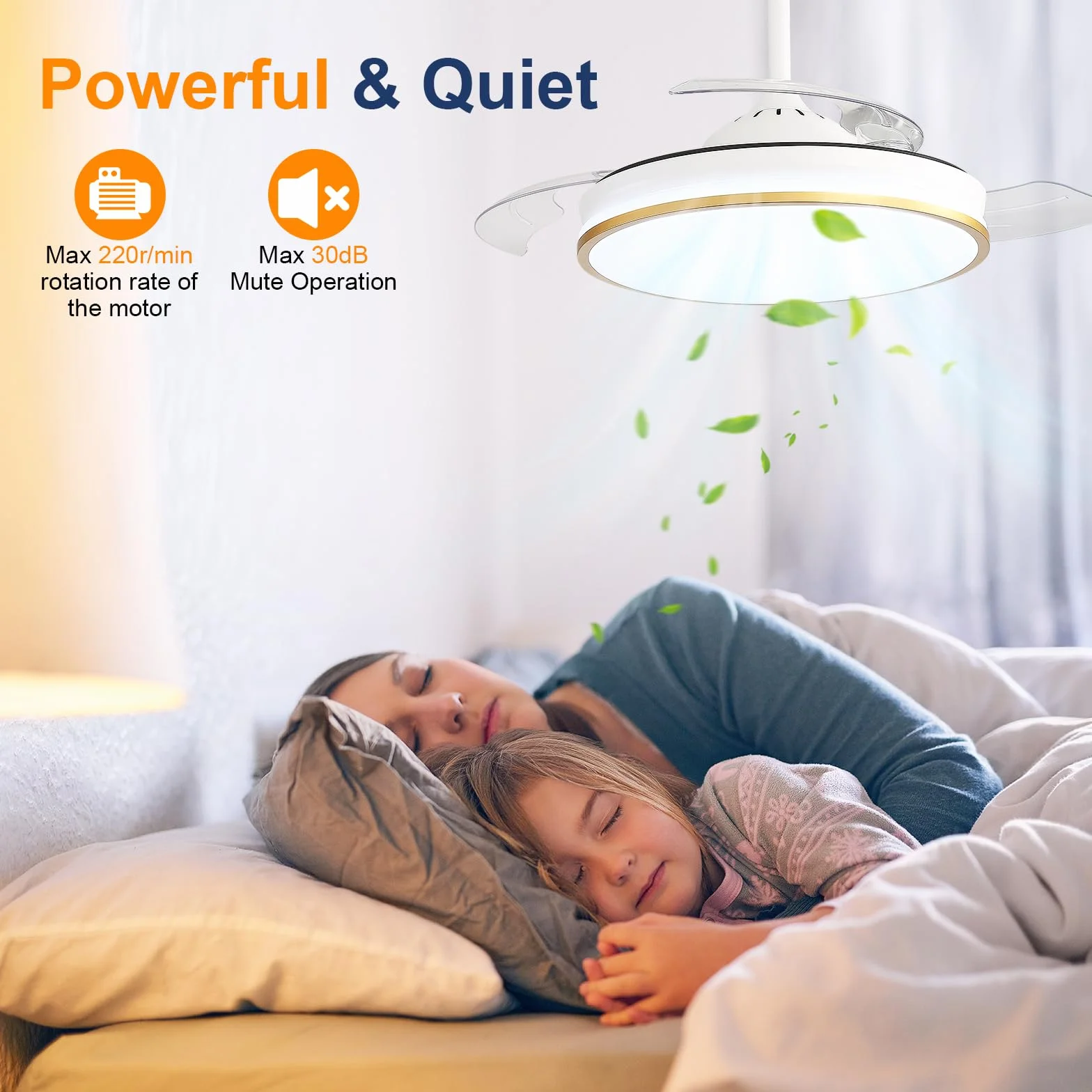 Jumoking Wentylator sufitowy z oświetleniem LED 47W 106cm wysuwane łopatki 3 temperatury 6 prędkości timer odwracalny silnik DC złoty