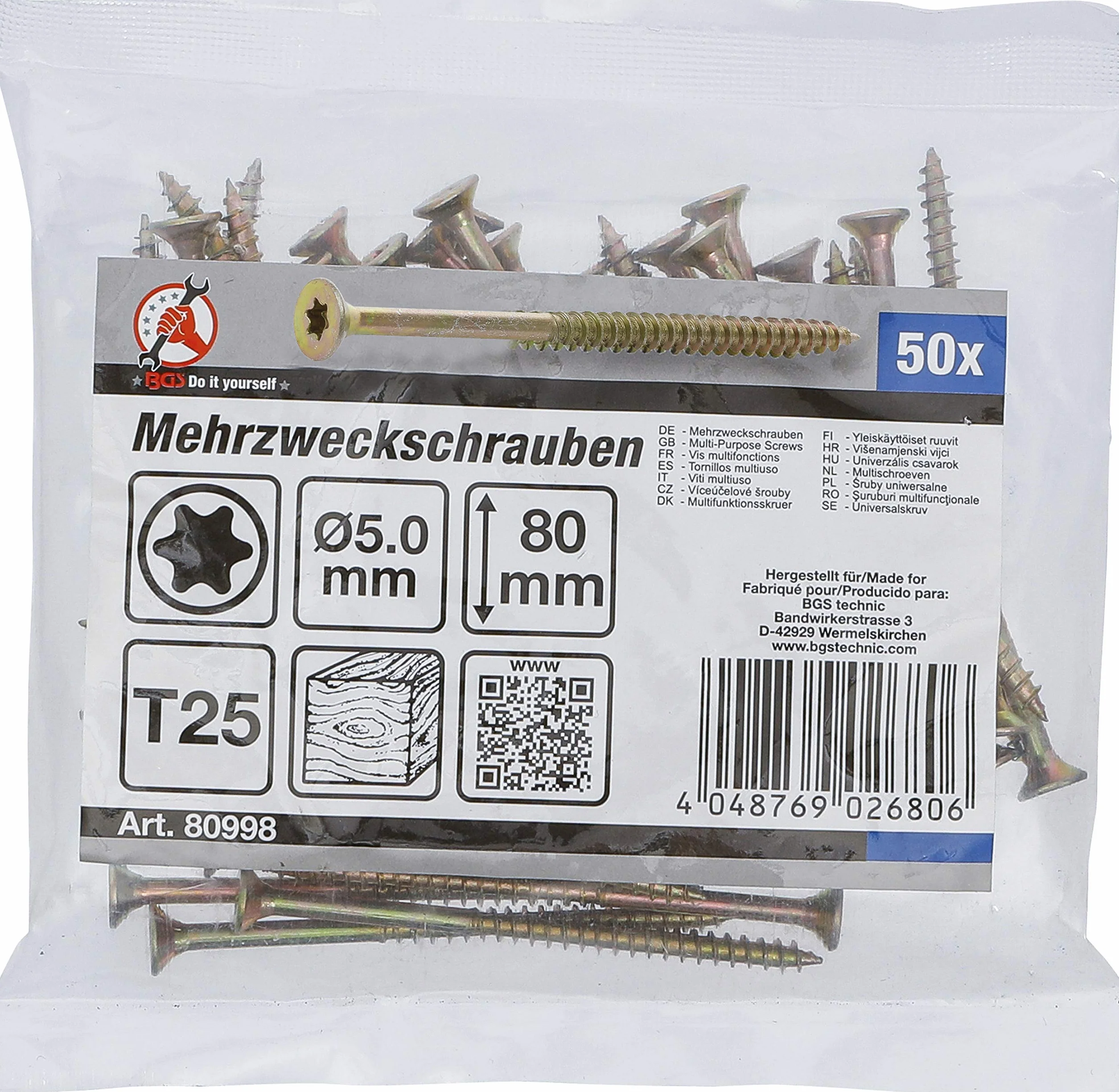 BGS Diy 80998 | Śruby uniwersalne | profil T (do Torx) T25 | 5,0 x 80 mm | 50 szt.