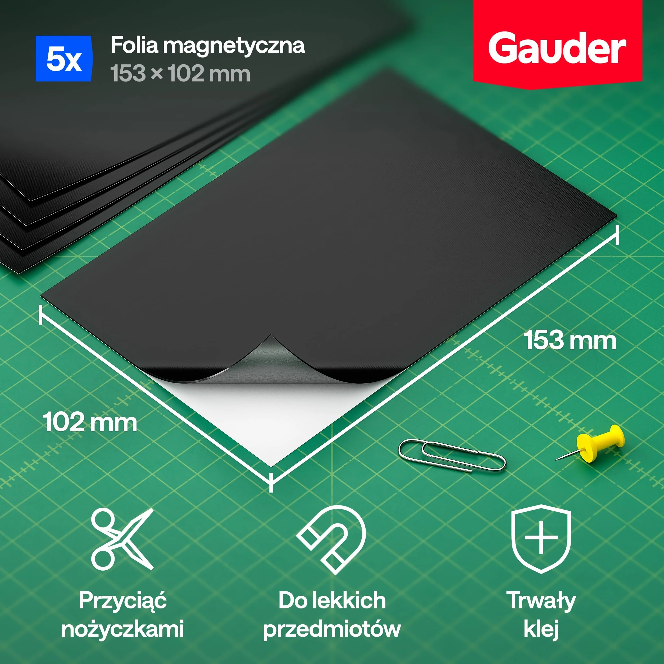 GAUDER Samoprzylepna Folia Magnetyczna Czarny Arkusz Magnetyczny 5 sztuk 153 x 102 mm