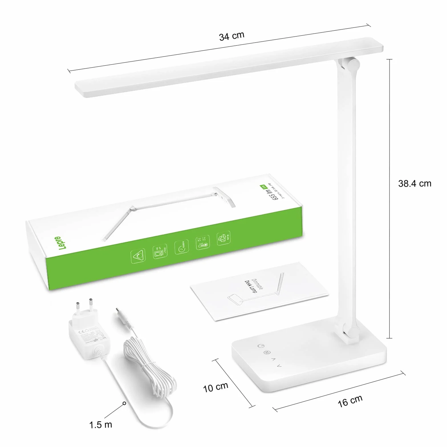 Lepro Lampa biurkowa LED 550 lm 3 kolory 5 poziomów jasności ściemniania 3000-6500 K światło dzienne ochrona oczu lampka nocna do czytania dla dzieci biała