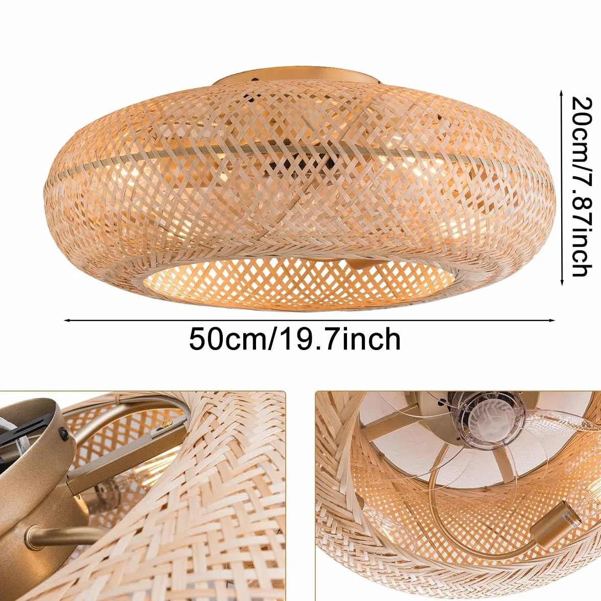 Wentylatory sufitowe E27 Retro ze światłem i pilotem cicha lampa wisząca splot bambus i rattan naturalna