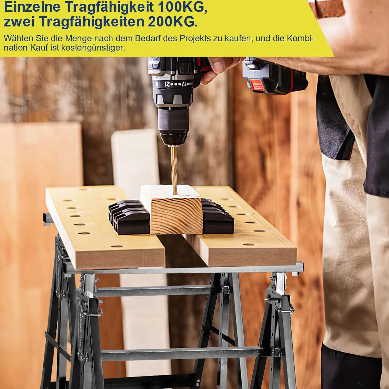 Kozioł roboczy, zestaw 2 sztuk, 7-stopniowa regulacja wysokości (80-130 cm), kozioł rusztowania 400 kg na parę, składany kozioł do domu, warsztatu i ogrodu, czarny