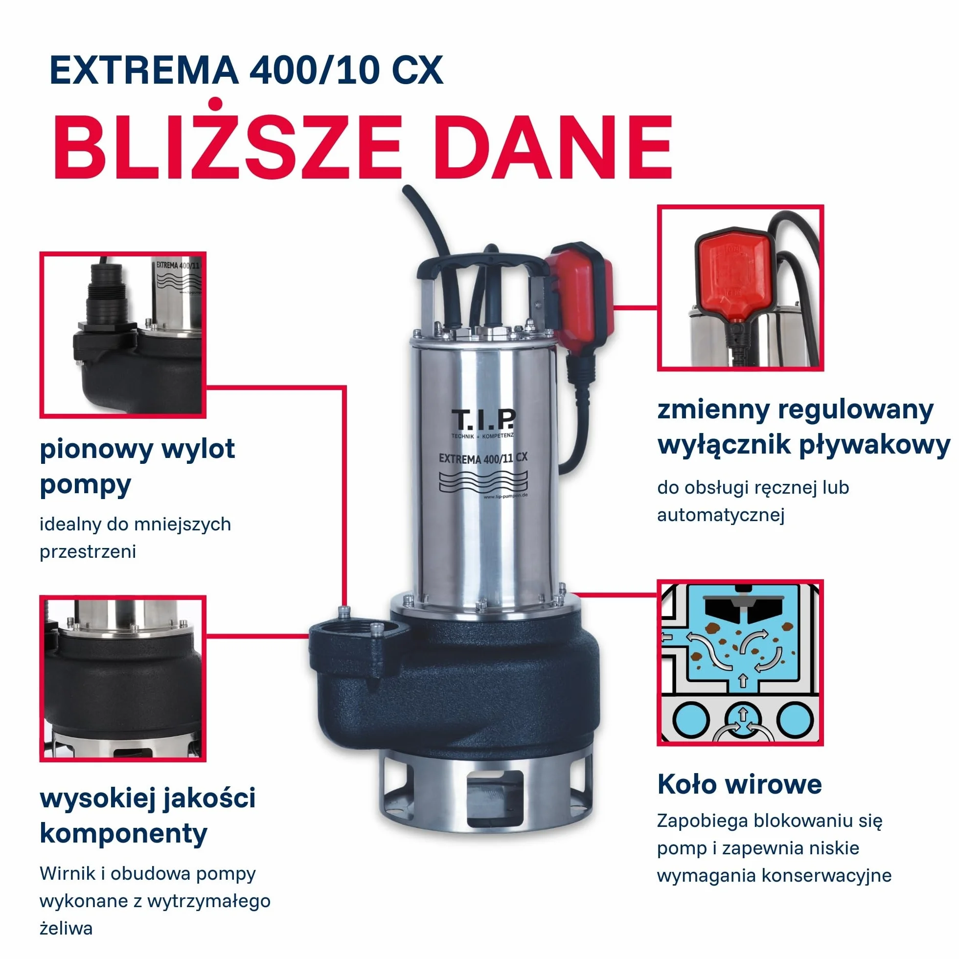 T.I.P. Extrema 400/11 CX Pompa zatapialna do wody brudnej 24 000 l/h stal nierdzewna