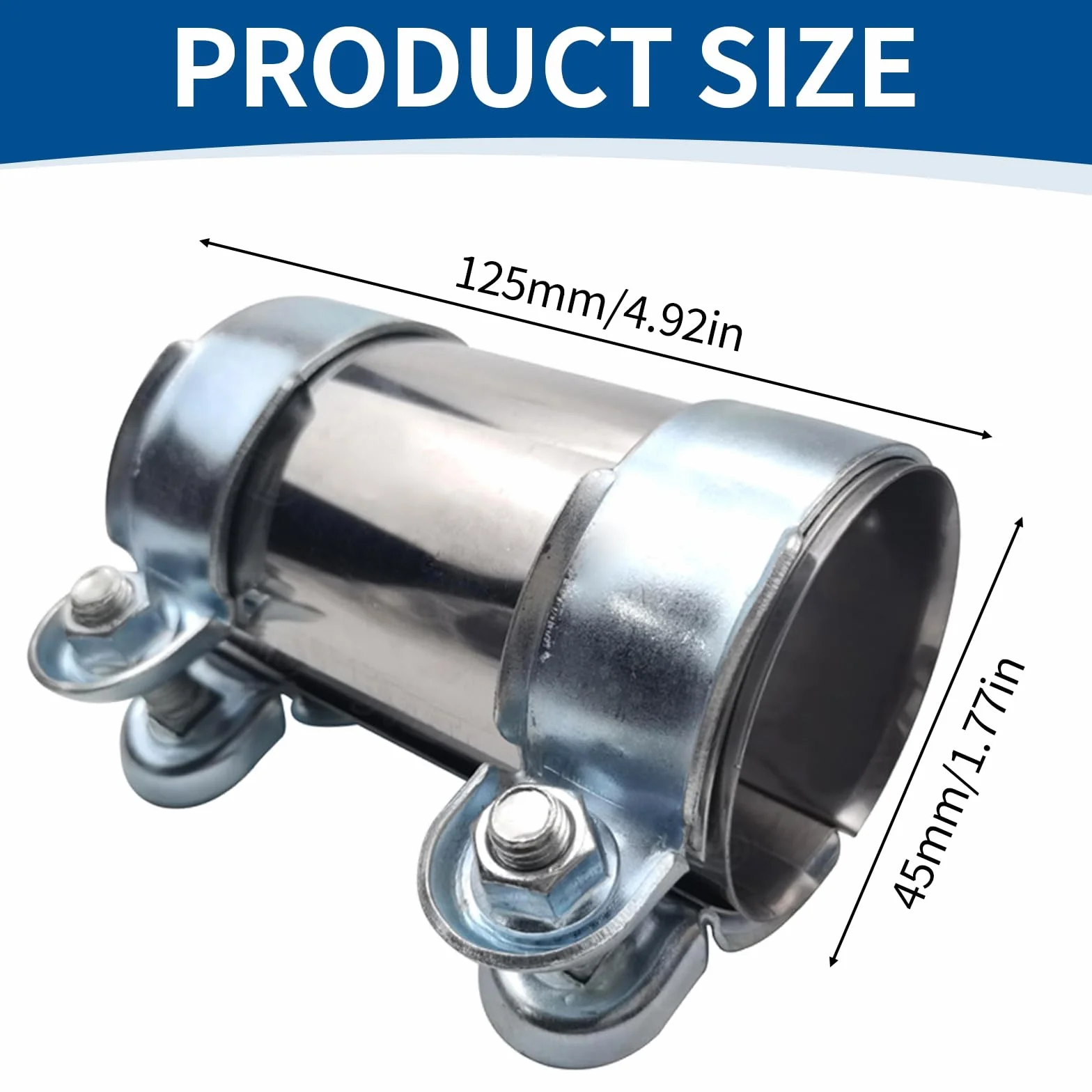 Łącznik rury, stal nierdzewna, obejma wydechowa 45 mm, uniwersalna, podwójna obejma do rur wydechowych 45 mm (45 × 125 mm)