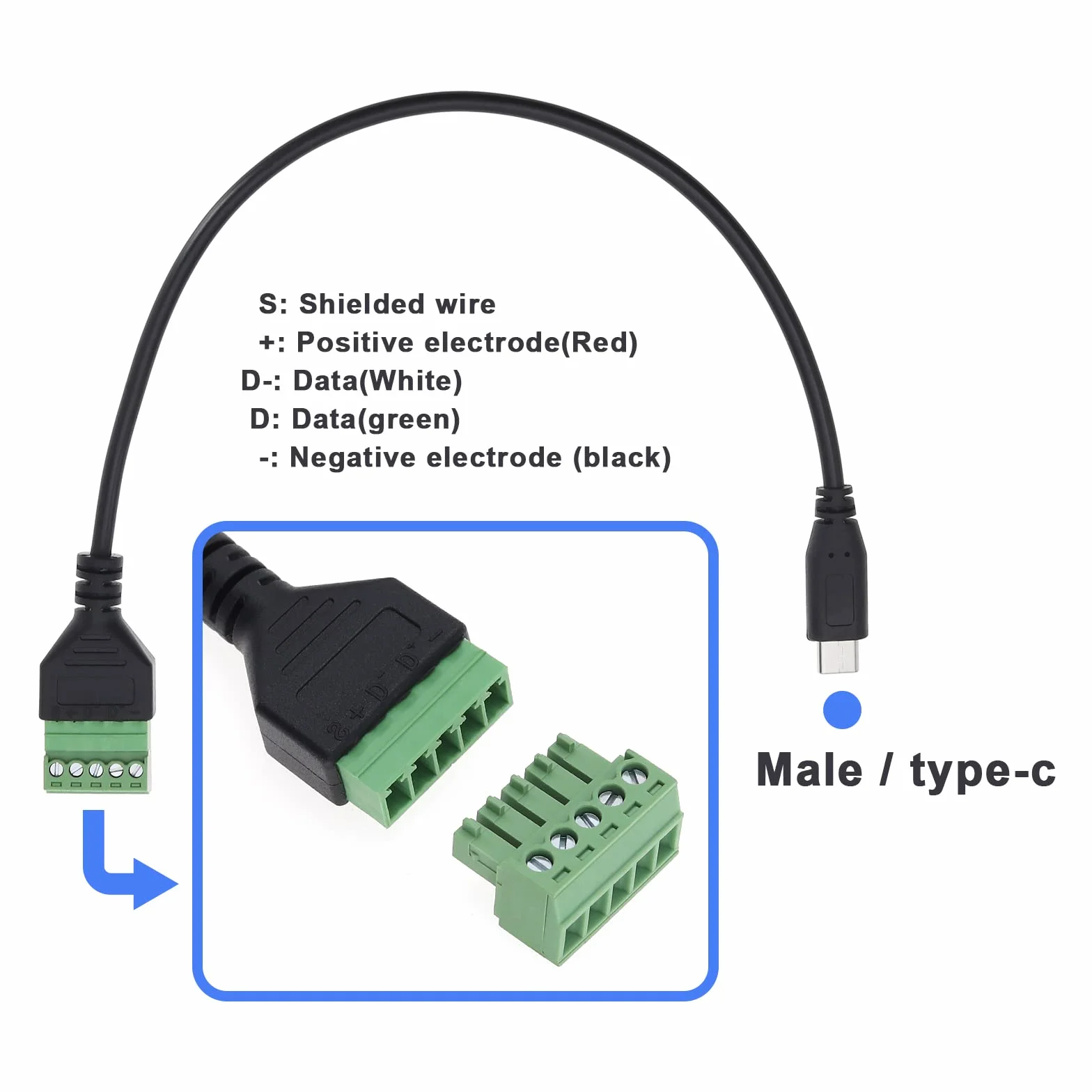 2 szt. Złącze zaciskowe USB C bezszwowe, wtykowe typu C, męskie/żeńskie, 5-pinowe listwy zaciskowe śrubowe, adapter do ładowania i przedłużanie transmisji danych