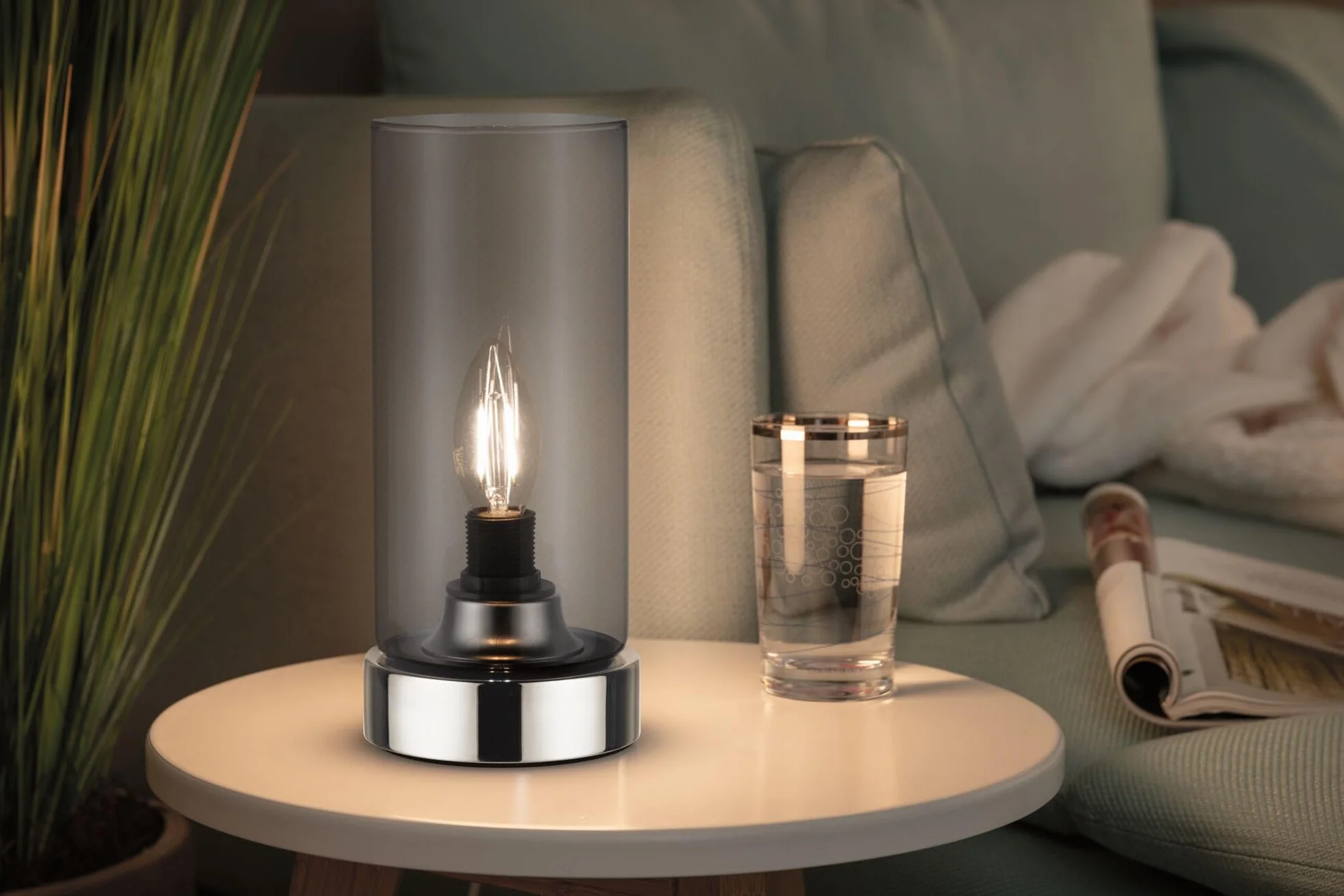 Paulmann Pinja lampa stołowa dotykowa 20W E14 chrom szkło dymne 230V metal szkło 77056