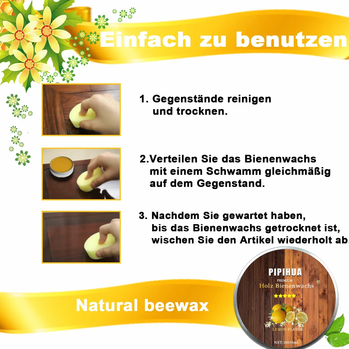 Pielęgnacja mebli, wosk pszczeli, naturalna pielęgnacja drewna, wodoszczelny, odporny na ścieranie, do pielęgnacji mebli i ochrony drewna mebli drewnianych, środek polerujący do drewna i mebli, 100g z gąbką (cytryna)