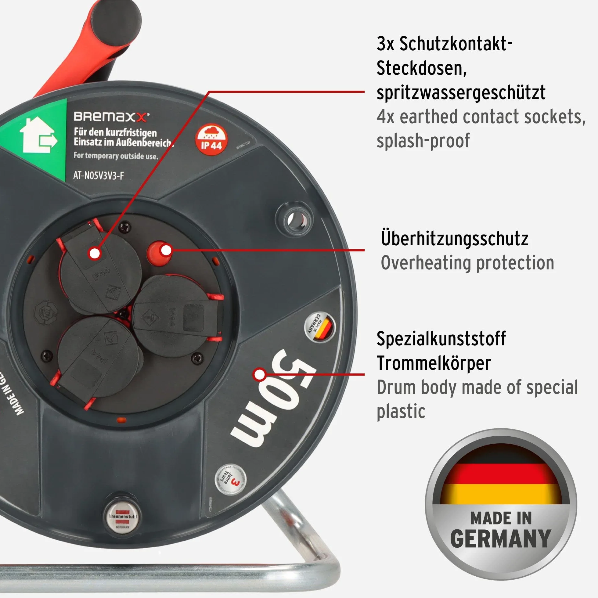 Brennenstuhl Garant V2 bęben kablowy IP44, 50 m, do użytku na zewnątrz (Made in Germany, kabel w kolorze pomarańczowym, krótkotrwałe zastosowanie na zewnątrz)