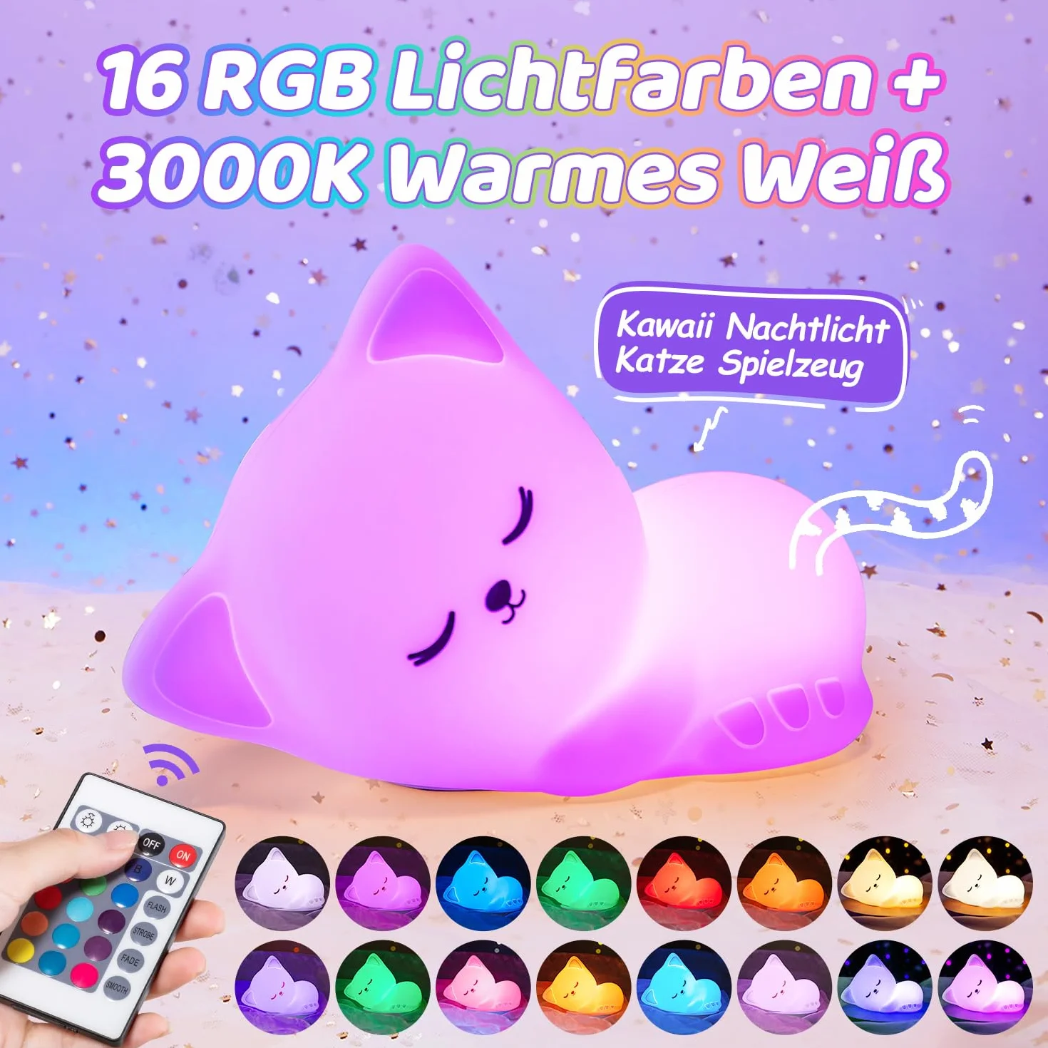 Lampka nocna dla dzieci kot 16 kolorów pilot zdalnego sterowania USB akumulator ściemniana Kawaii