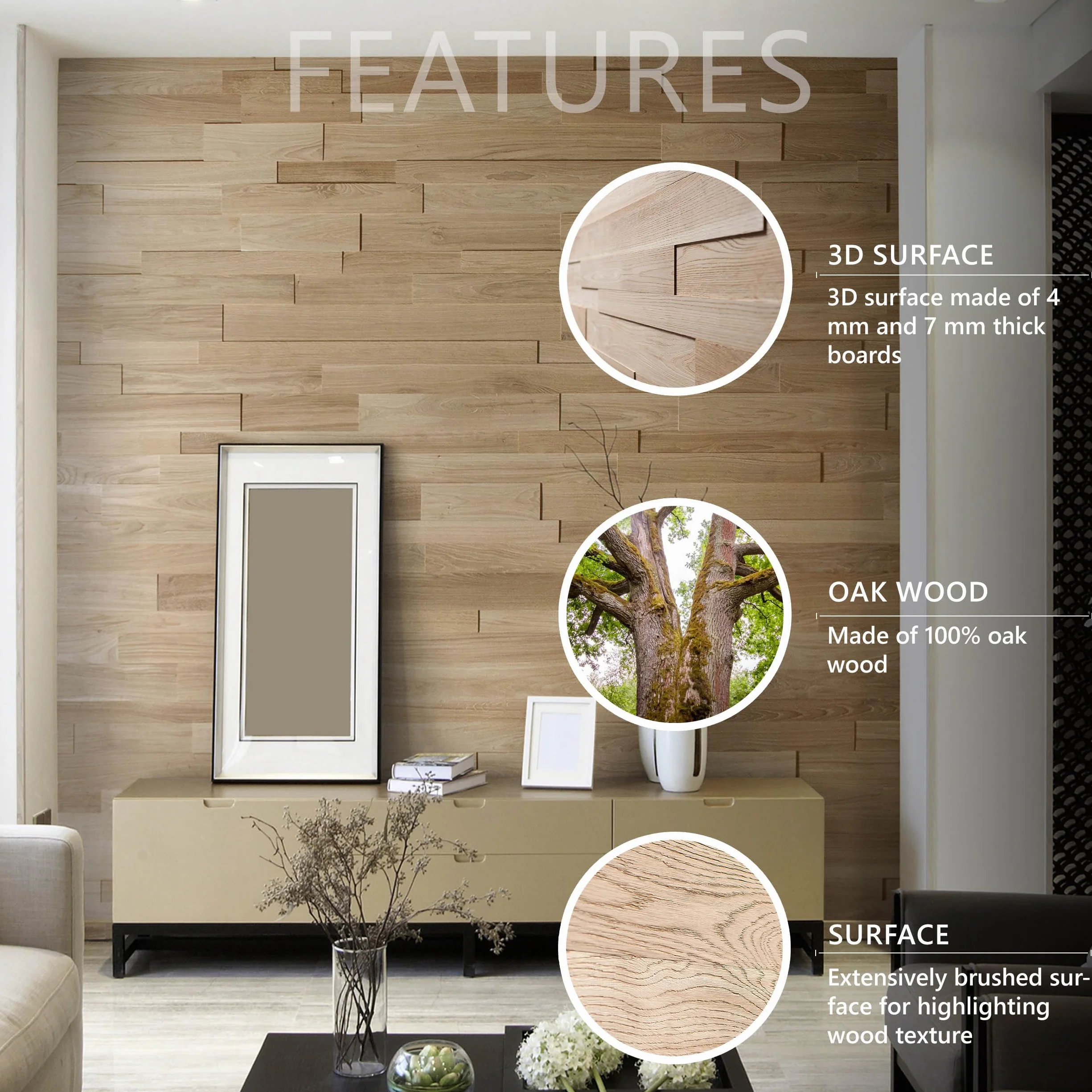 panele ścienne 3D, strukturyzowany dąb, okładziny drewniane, ściana drewniana, projekt ścienny od Wooden Wall Design, model OZO (1 m2)