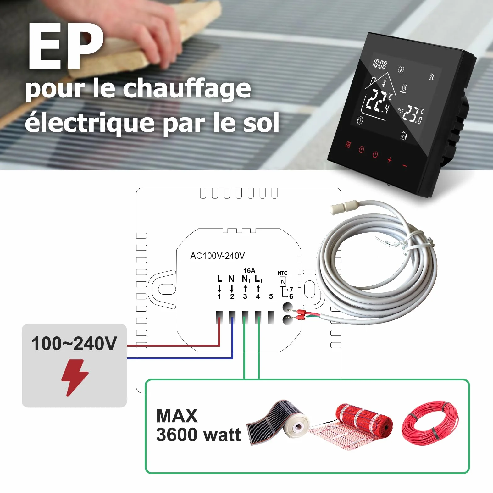 Beok Smart Termostat Do Ogrzewania - Programowalny, Elektryczny, WiFi, Pokojowy, Z Czujnikiem, Regulator Temperatury 230V, Kompatybilny Z Alexa, 16A TDR89B-WIFI-EP, Czarny
