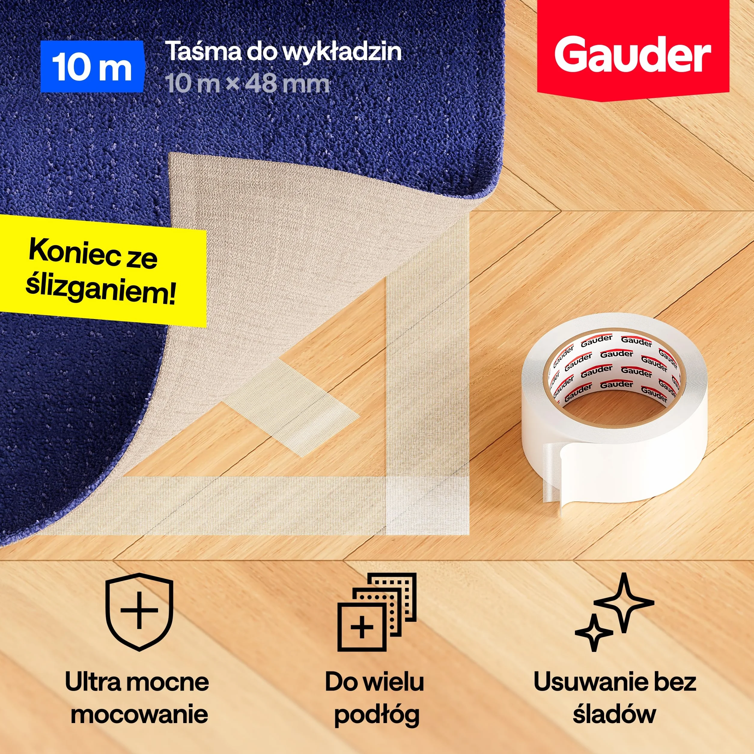 GAUDER Taśma do dywanów dwustronna ekstra mocna 10 m x 48 mm Klej do wykładzin i schodów