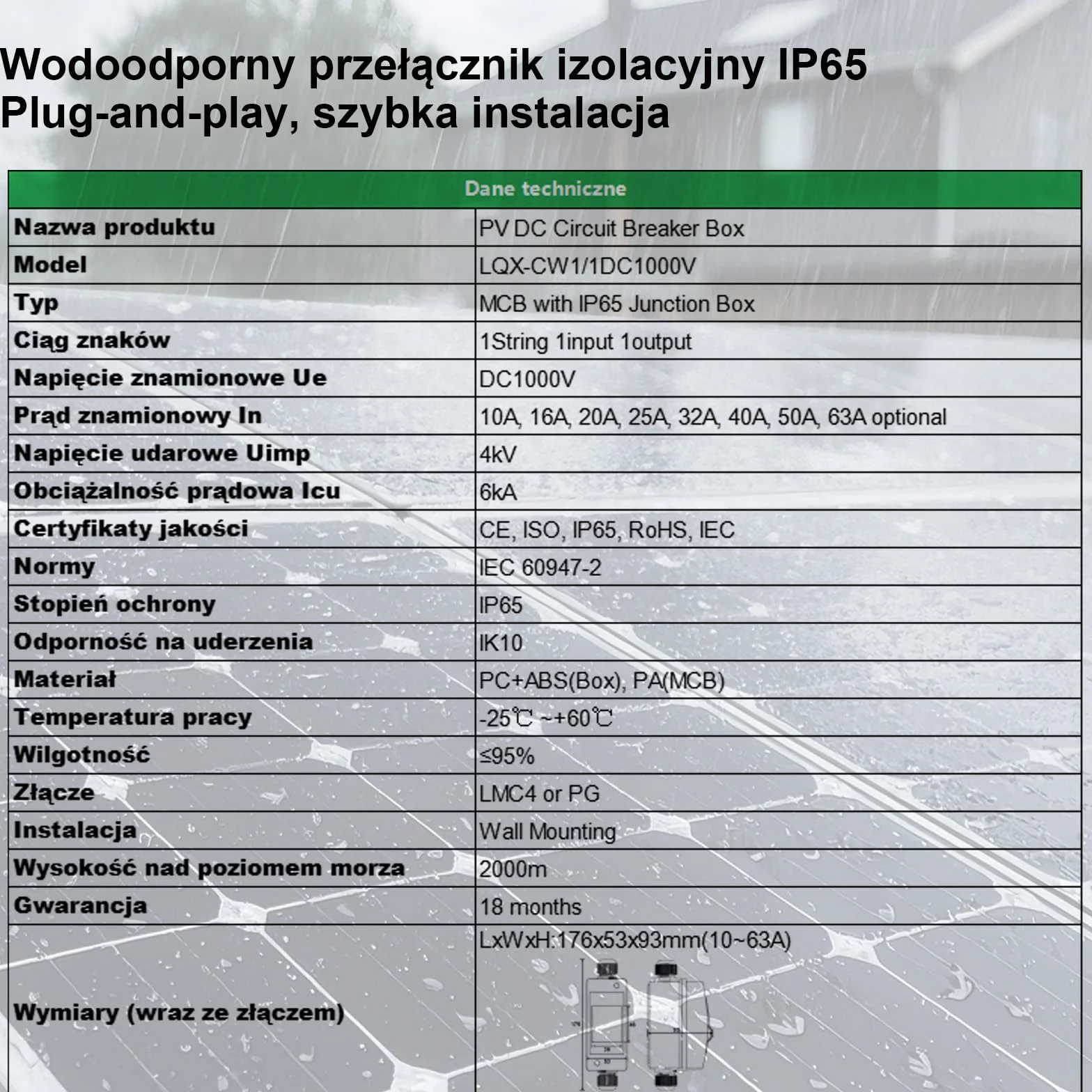 Wyłącznik Automatyczny 63A DC1000V 2P IP65 Wodoodporny do Paneli Słonecznych