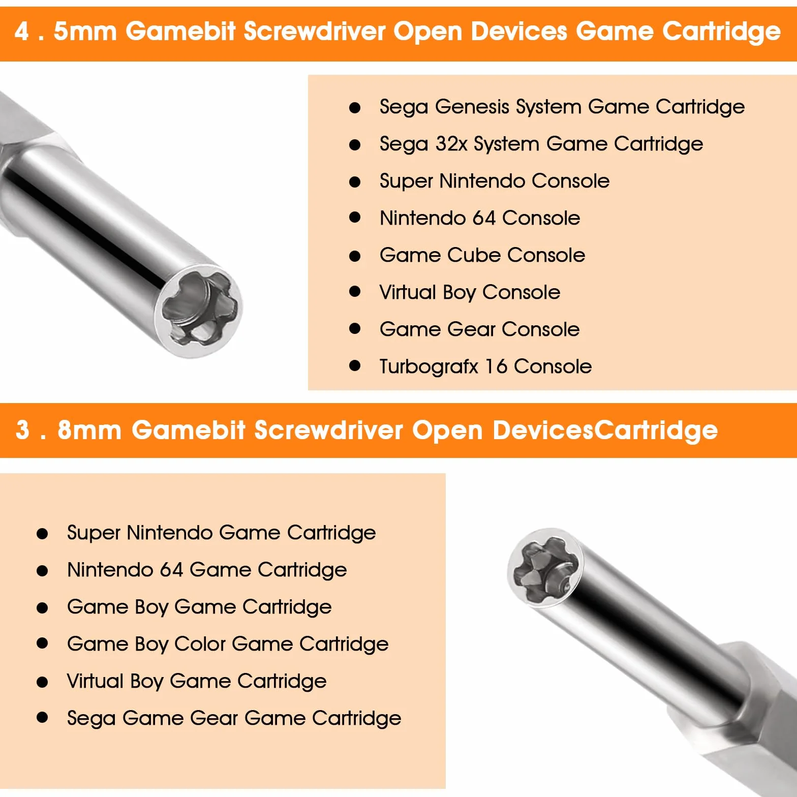 Abeillo Zestaw wkrętaków Gamebit 3,8 mm 4,5 mm do NES SNES N64 Gameboy pomarańczowy