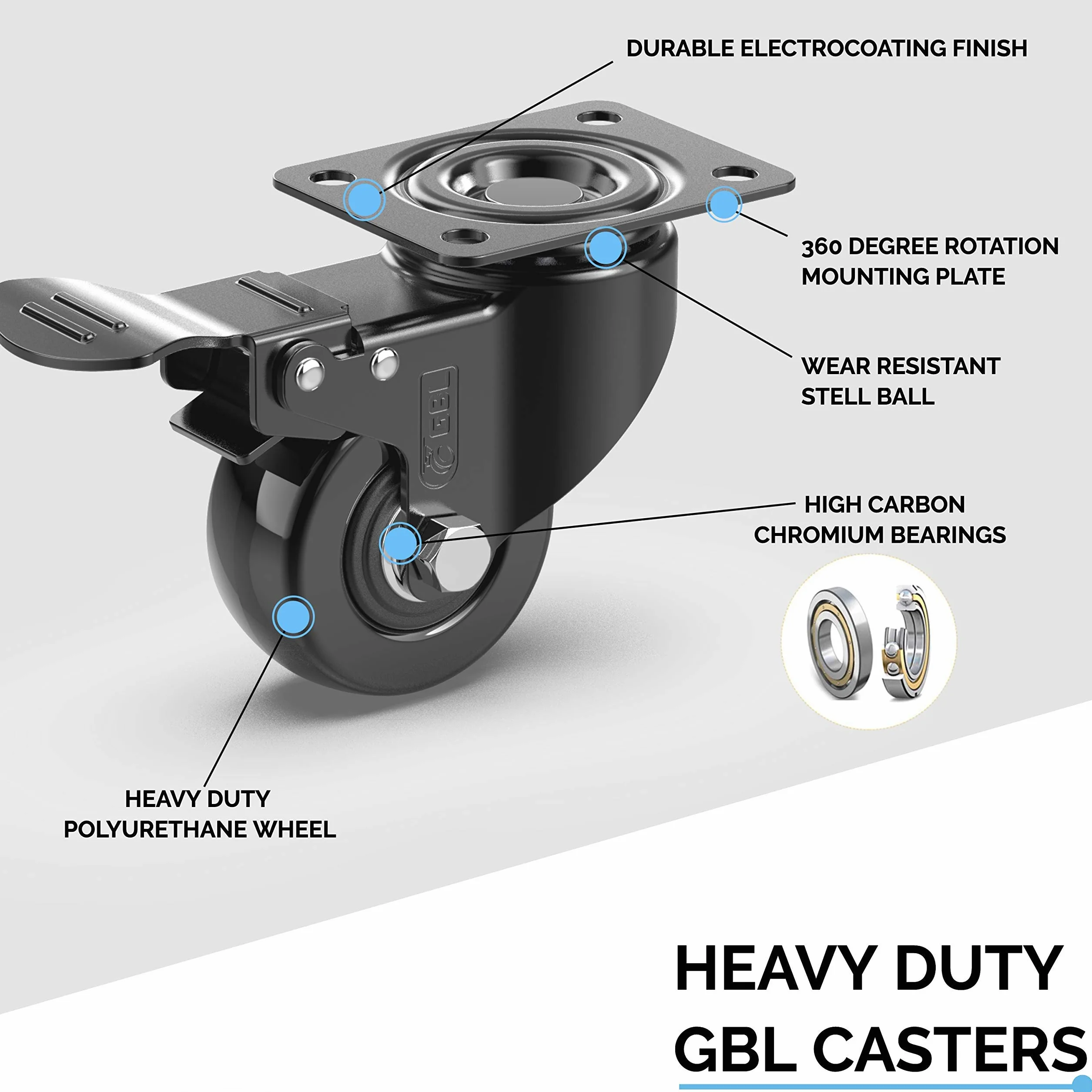 GBL 2 Heavy Duty Caster Wheels with Brakes 440Lbs Dolly Wheels for Furniture Trolley Workbench