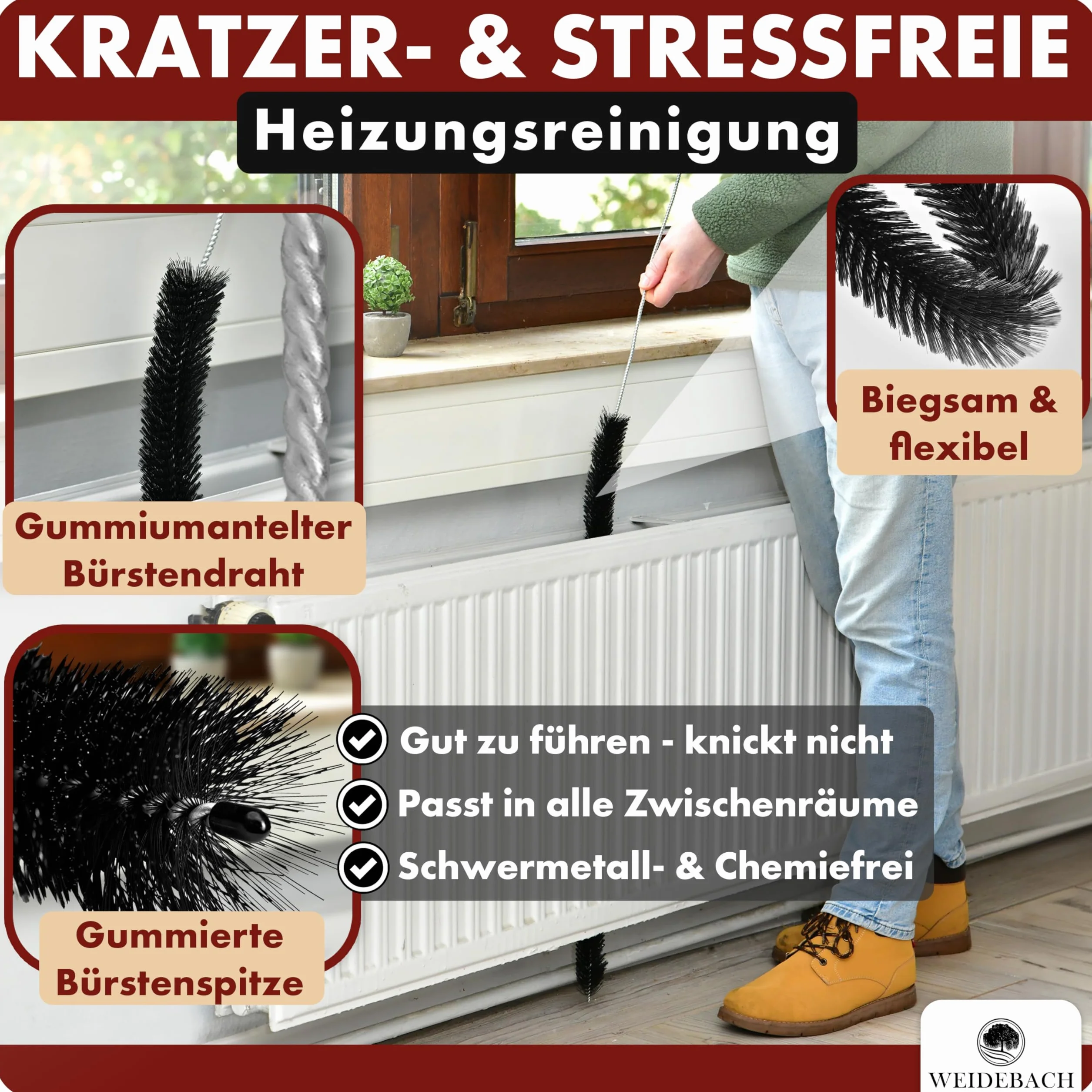 WEIDEBACH Szczotka do grzejników 90 cm długość całkowita 40 cm szczotka nylonowa do czyszczenia bez sierści zwierzęcej pod każdym kątem stabilna