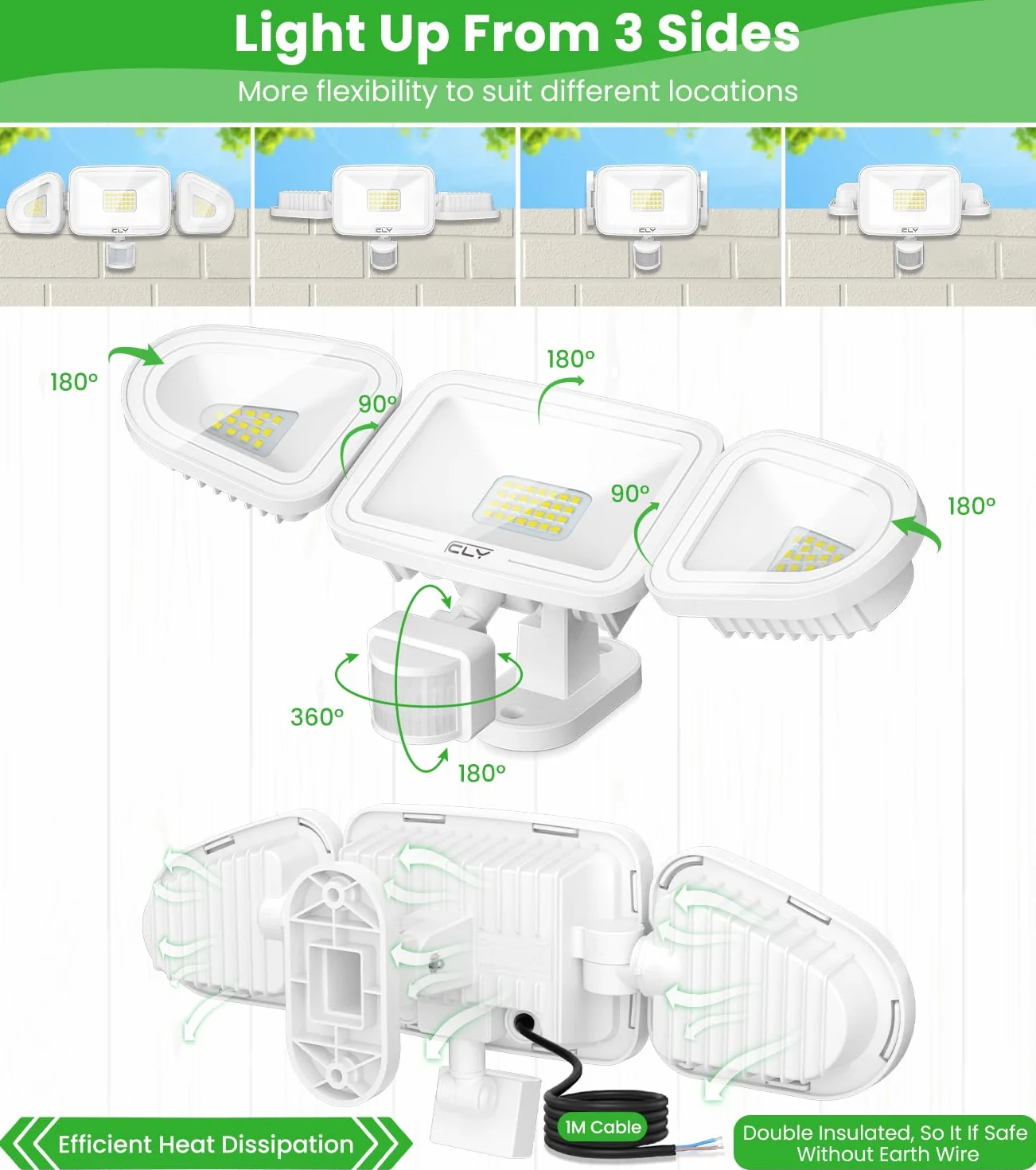 CLY Reflektor LED 42 W z czujnikiem ruchu, pilot zdalnego sterowania, 3600 lm, 6500 K, zimna biel, reflektor zewnętrzny z regulowanymi 3 głowicami, IP66, wodoszczelny, do garażu, tarasu