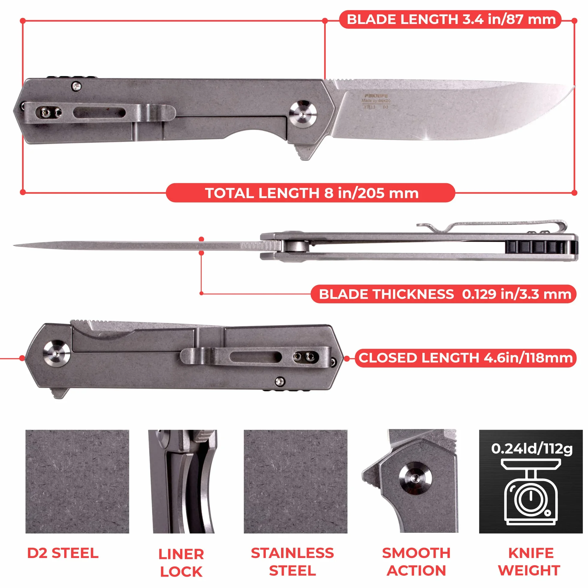 Ganzo FH12 nóż kieszonkowy outdoorowy stal D2 Flipper Lock