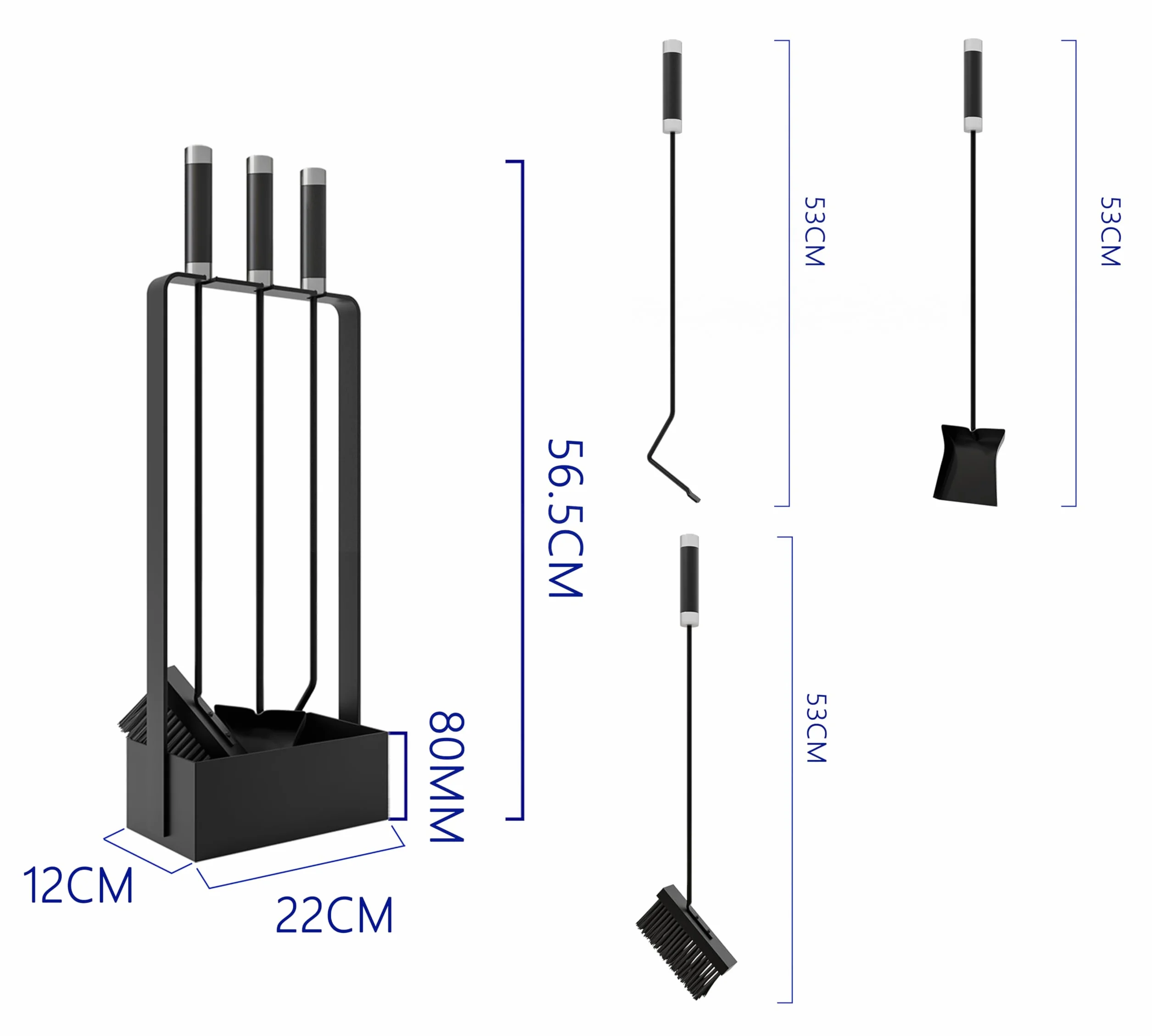 Kingson Zestaw narzędzi kominkowych 3 szt. 53 cm czarny stojak żelazo stal nierdzewna